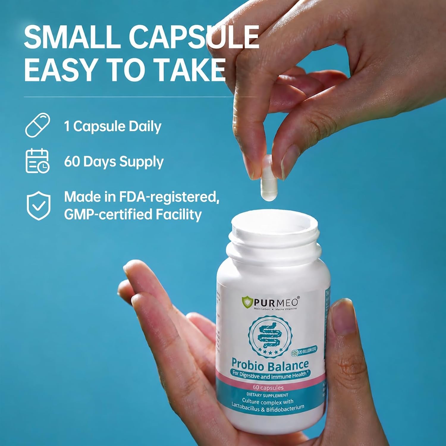 Purmeo 60 Days Supply Probiotics for IBS-D, Stop IBS anti Diarrhea, Gas, Bloating - Support Immune, Digestive & Gut Health - Clinical Proven Lab4 Probiotic 20 Billion CFU, Shelf Stable, Vegan