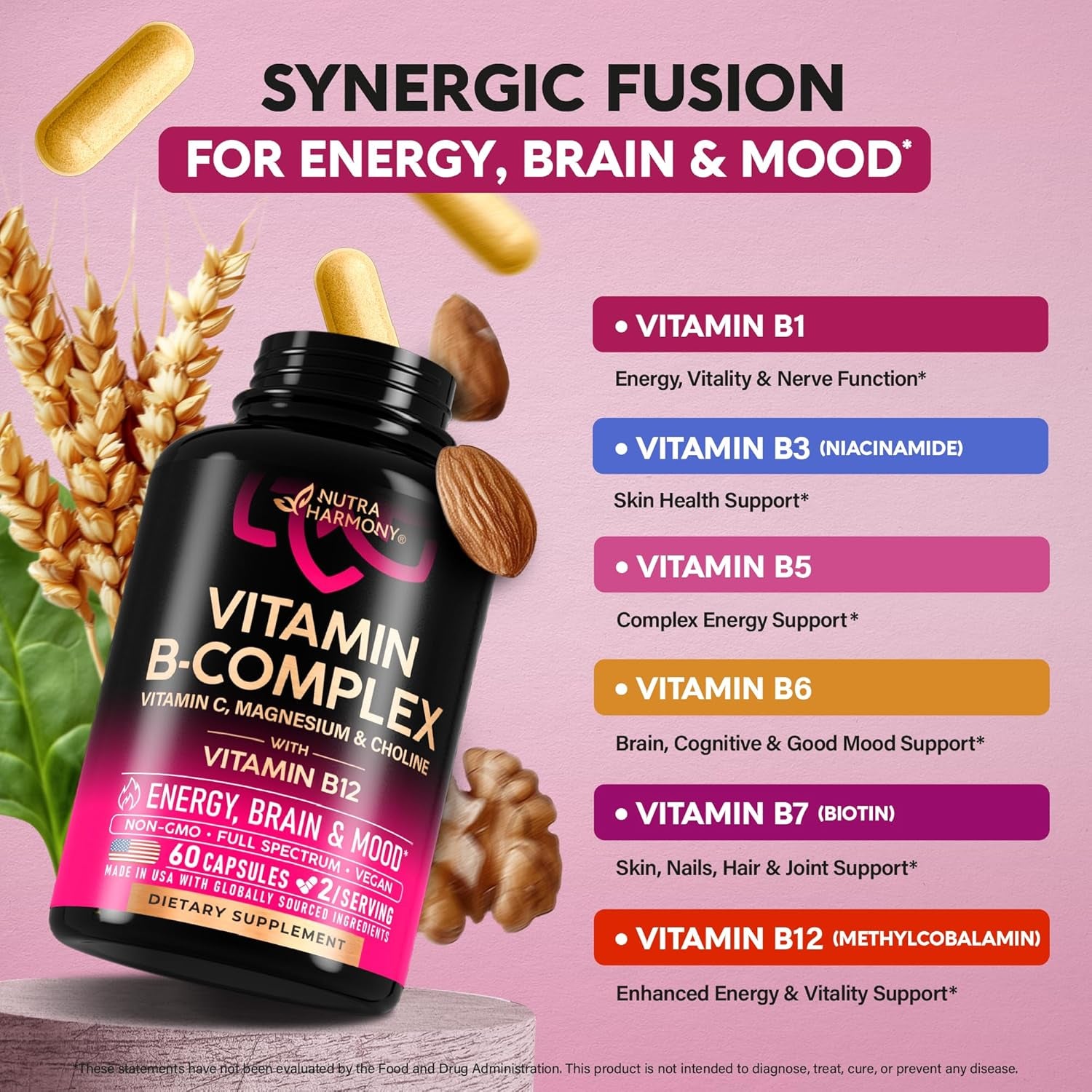 NUTRAHARMONY B-Complex Supplement — 60 Capsules | Methylcobalamin B12, Pantothenic Acid, Pyridoxine, Niacinamide | Energy & Nervous System Support