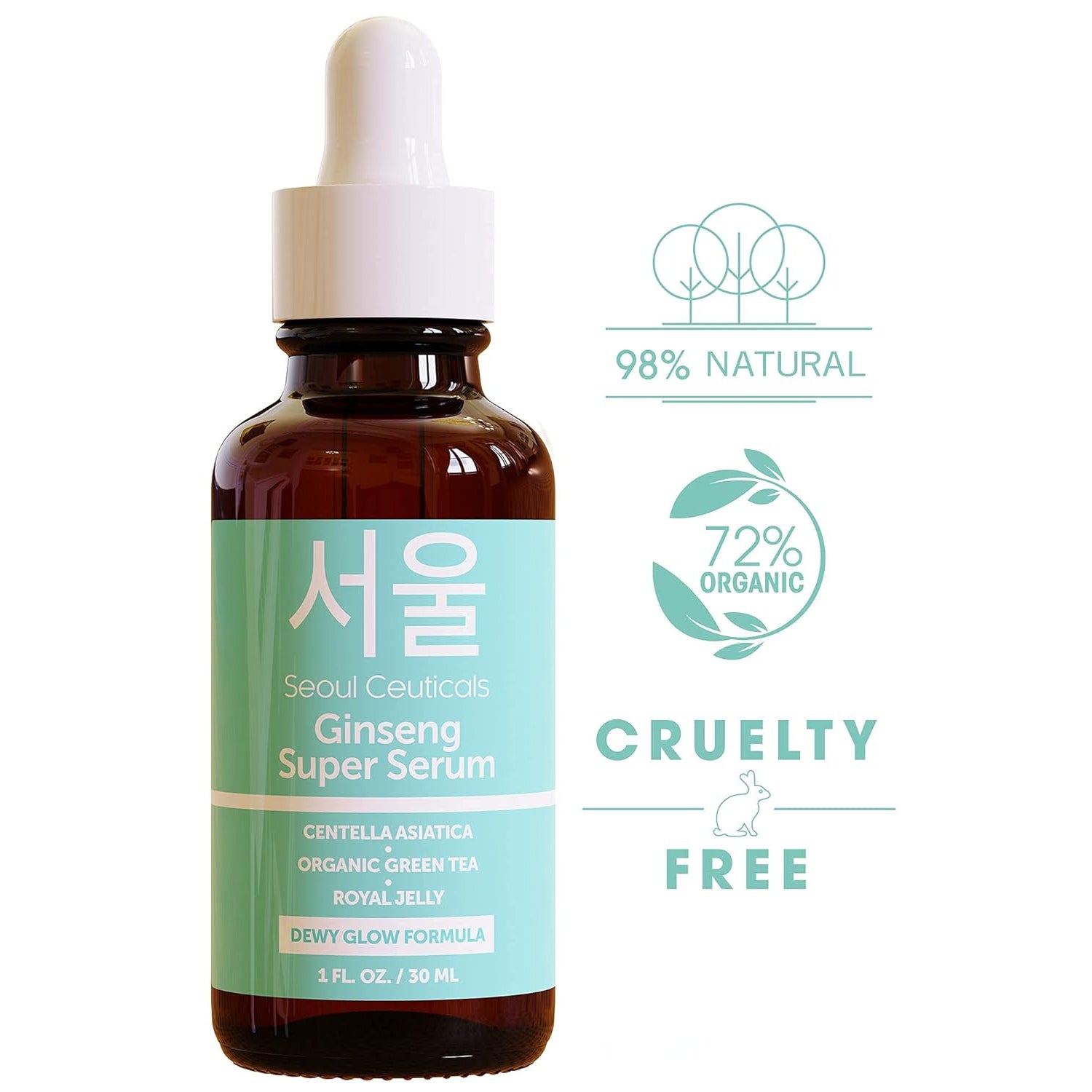 SeoulCeuticals Korean Ginseng Serum – Green Tea, Centella & Royal Jelly for Dewy Glow & Radiance | Organic | 30ml