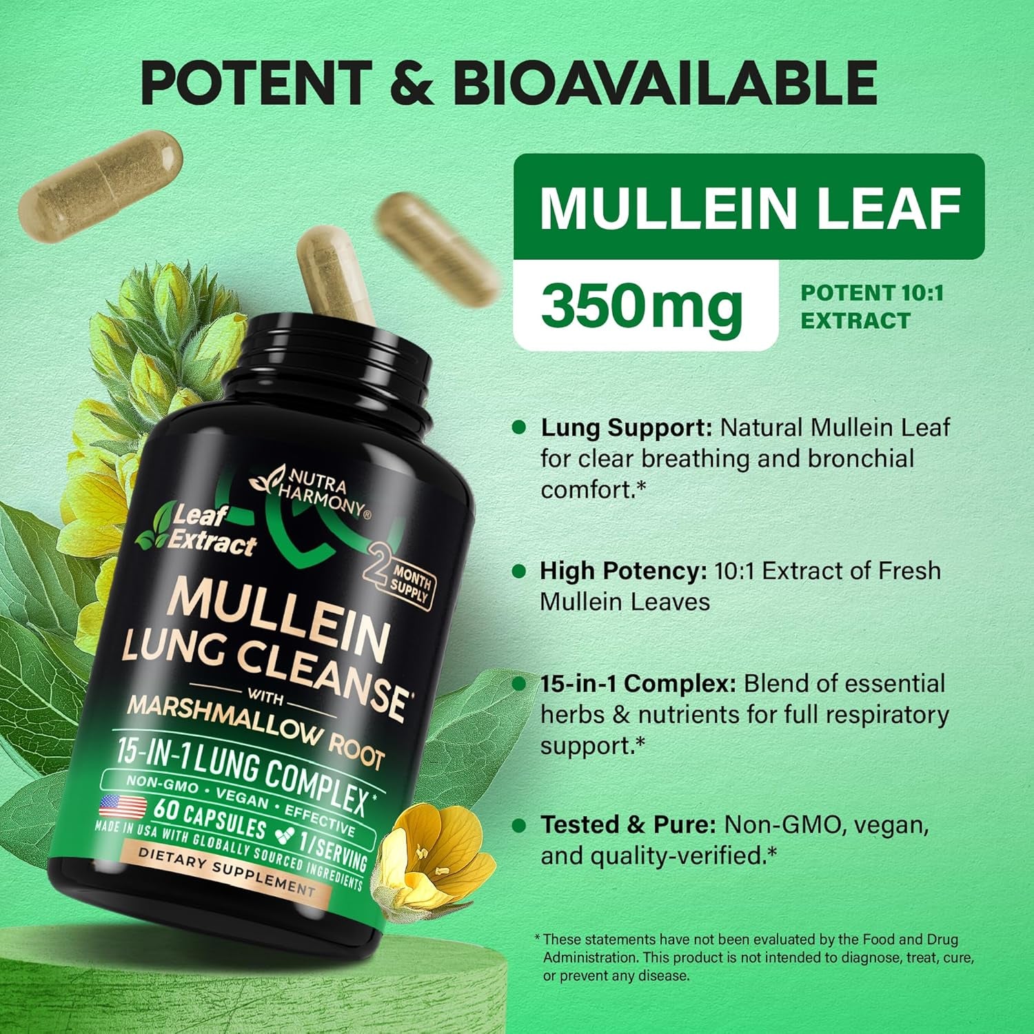 NUTRAHARMONY USDA Organic Mullein Leaf Drops - 60 capsules | Liquid Lung Support & Respiratory Health | Natural Herbal Extract