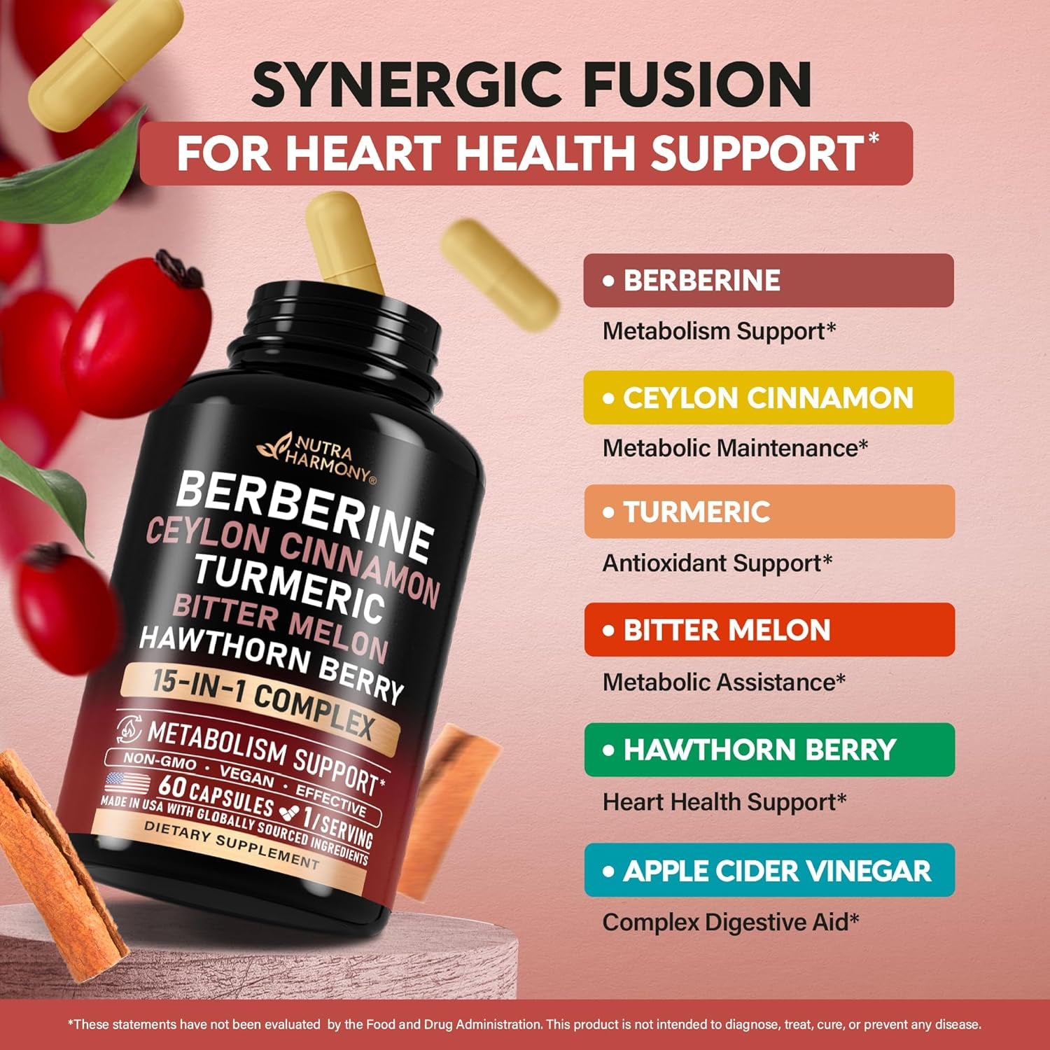 NUTRAHARMONY Berberine Complex — 60 Capsules | Cinnamon, Apple Cider Vinegar, Hawthorn & Bergamot | Blood Sugar & Metabolic Support
