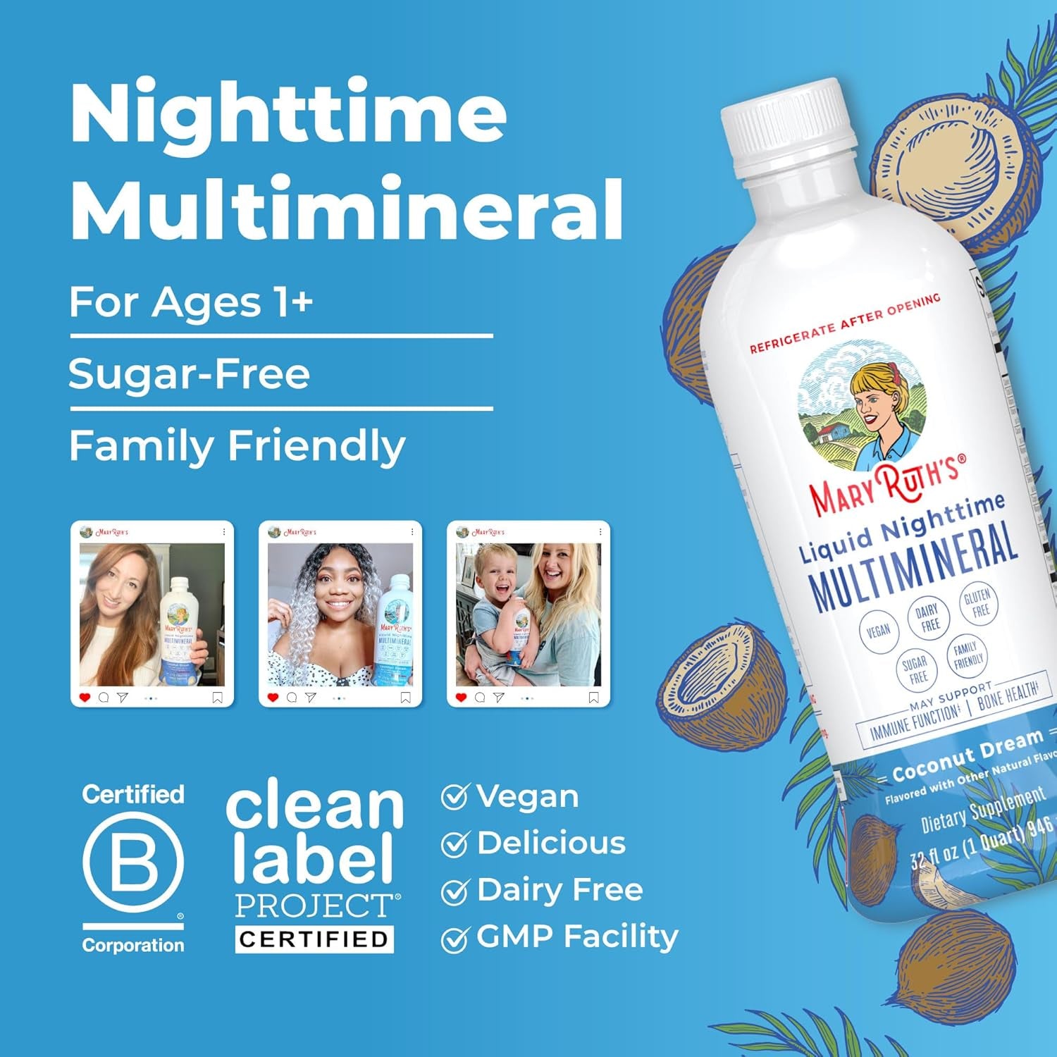 MaryRuth's Liquid Nighttime Multimineral — 946ml | Magnesium Citrate, Calcium & Zinc for Sleep | Melatonin-Free | Vegan & Sugar Free | 32 Servings
