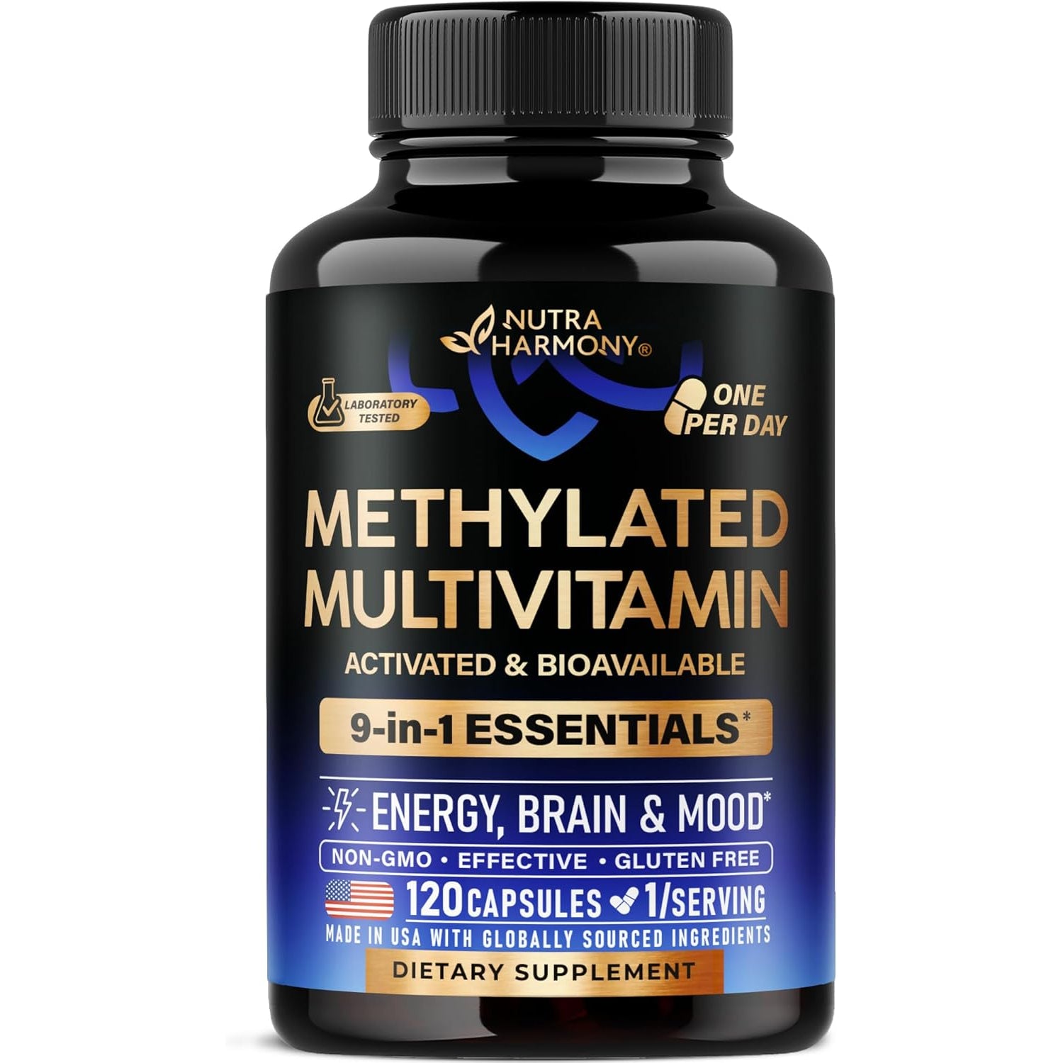 NutraHarmony 9-in-1 Methylated Multivitamin – 120 Vegan Capsules | B2, B6, B12, 5-MTHF & TMG | Vitamins C, D3, E & K2 | Energy, Brain & Mood Support