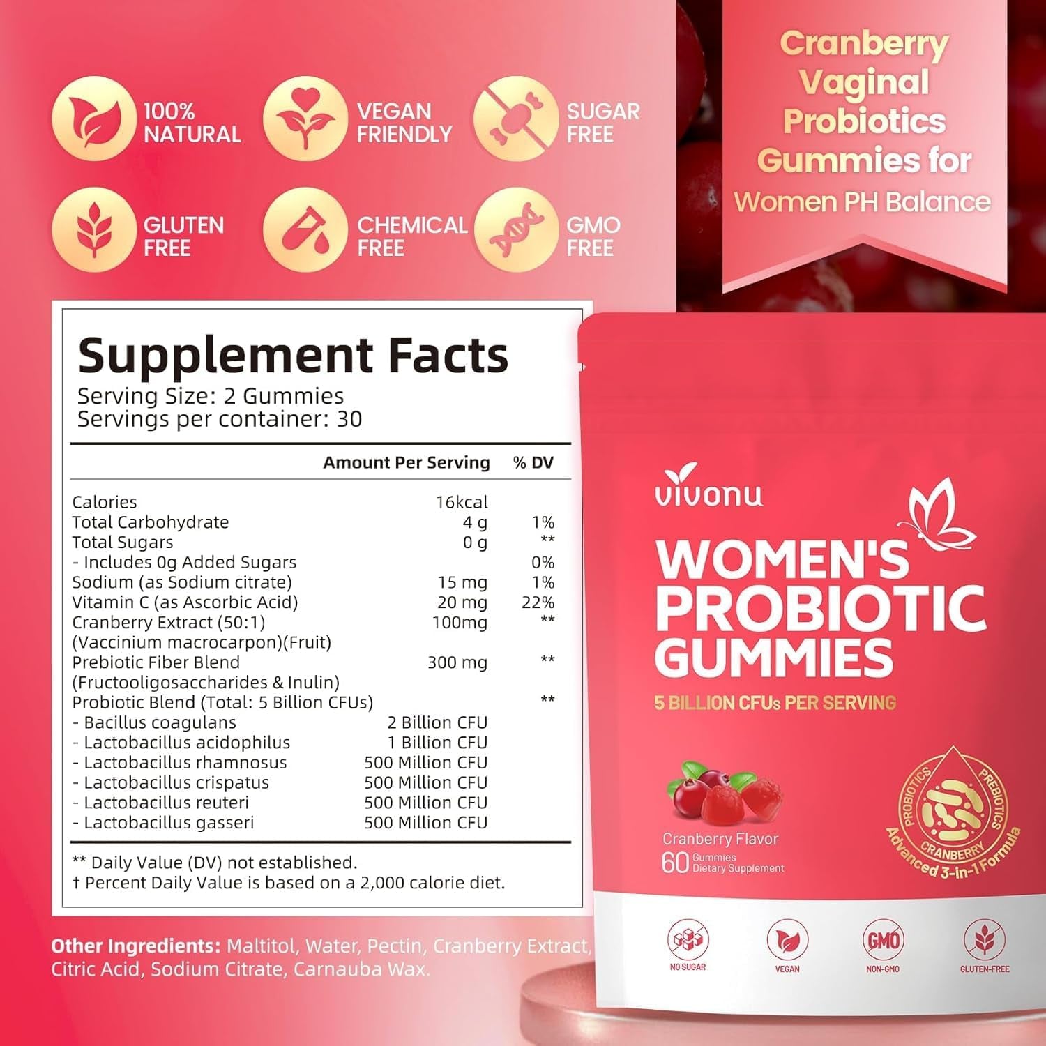 Vivonu Women's Probiotic Gummies – 60 Count | 500 Million CFUs & Fibre | Feminine Balance, Digestive & Gut Health | Vitamin C Immune Support