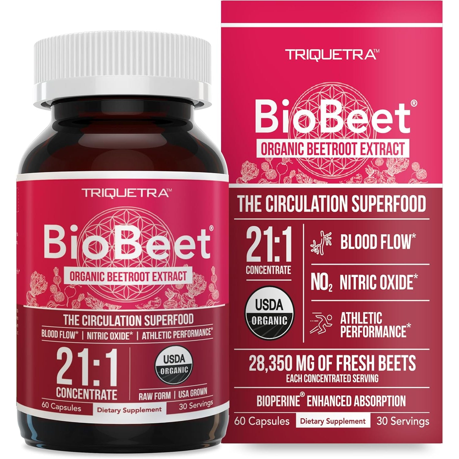 Biobeet® Max Strength Beet Root Capsules - 21:1 Concentrate, Each Serving Derived from 28,350 Mg Organic Beetroot - Absorption Enhancement with Bioperine® Black Pepper Extract (60 Capsules)