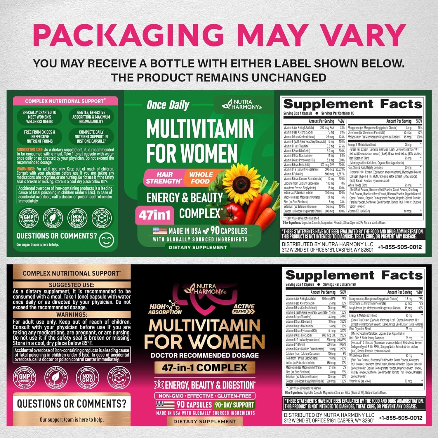 NUTRAHARMONY Women's Daily Multivitamin — 90 Capsules | B-Complex, Metabolism & Energy Support | Bioavailable Formula | Vegan