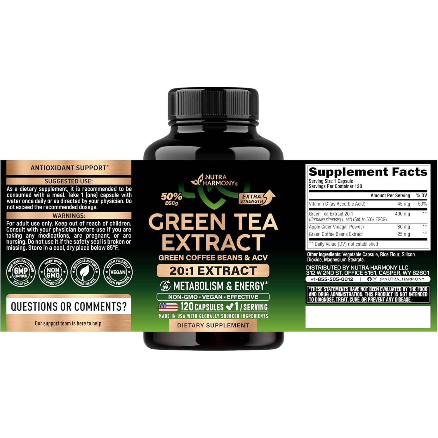 NutraHarmony Green Tea Extract 50% EGCG – 120 Vegan Capsules | 20:1 Extra Strength | Green Coffee Bean & Apple Cider Vinegar | Energy & Metabolism Support