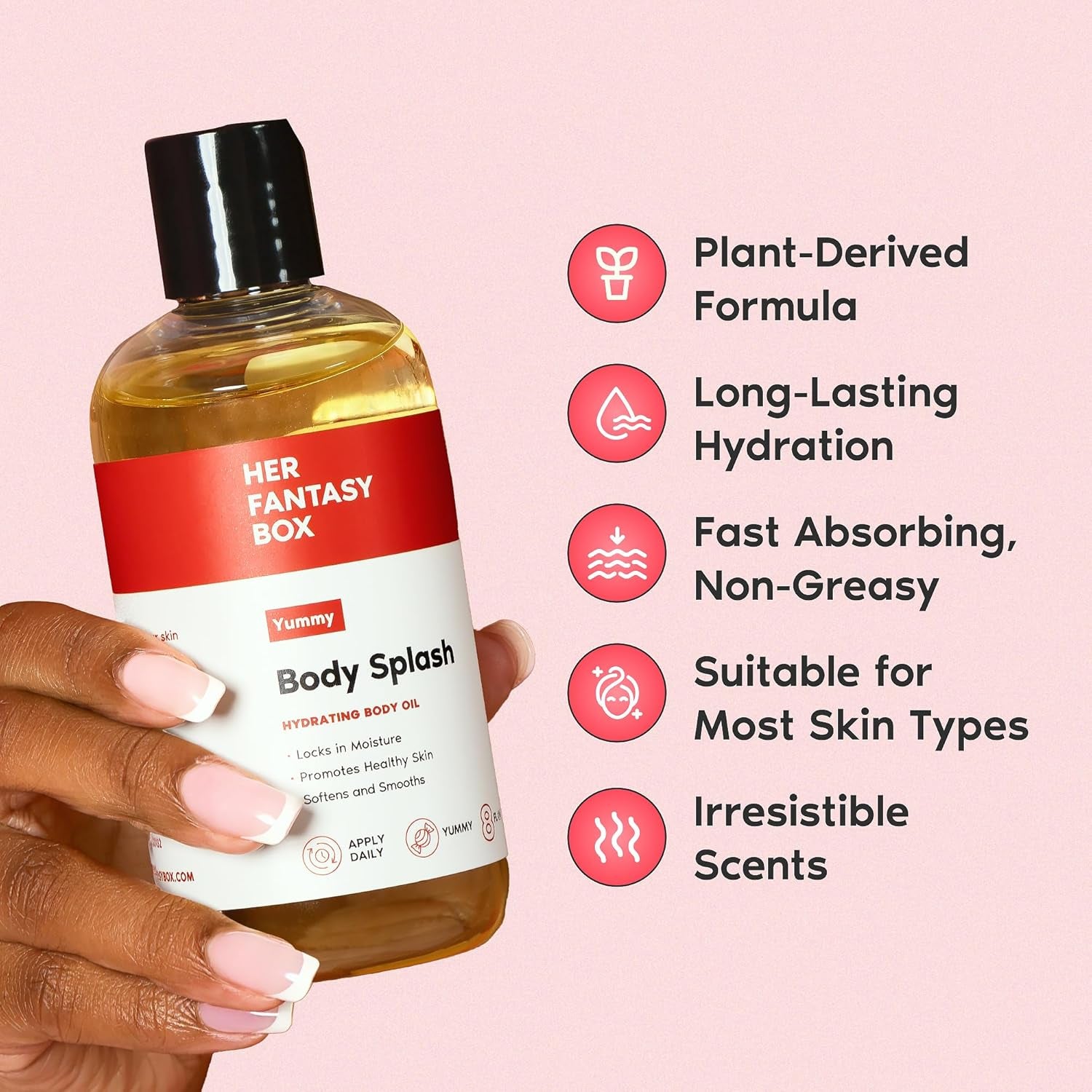 Her Fantasy Box | Body Splash Hydrating Body Oil (Yummy) - Moisturizing, Non-Greasy Formula for Soft, Smooth Skin - All-Natural, Lightweight & Nourishing