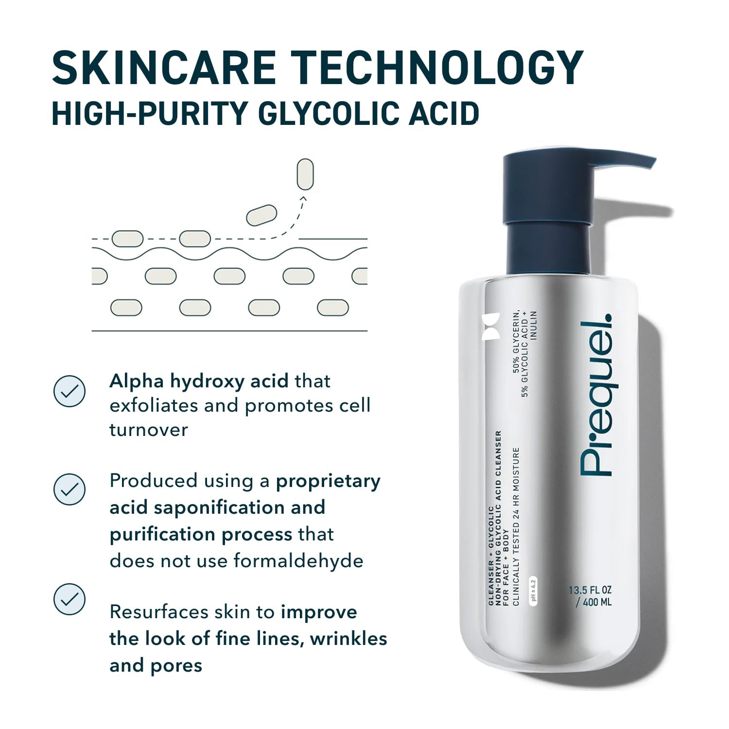 Prequel Glycolic Cleanser | 50% Glycerin Face + Body Wash, 13.5Oz 2-Pack | Unscented Glycolic Acid Face Wash with 50% Glycerin for Face and Body Cleansing, Leaving Skin Hydrated-Feeling after Rinse