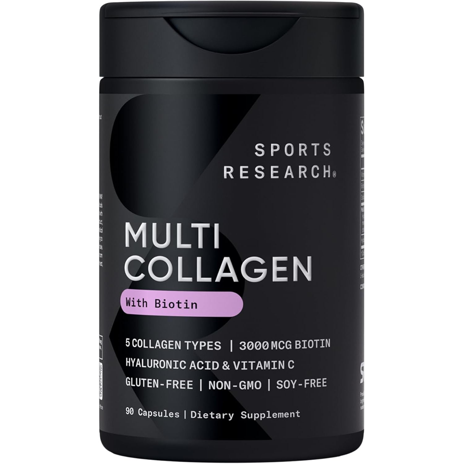 Sports Research® Biotin-Infused Collagen Peptides Complex with Hyaluronic Acid – 5 Multi Collagen Types for Hair, Skin & Joint Support* - Gluten Free · Non-Gmo · 90 Capsules