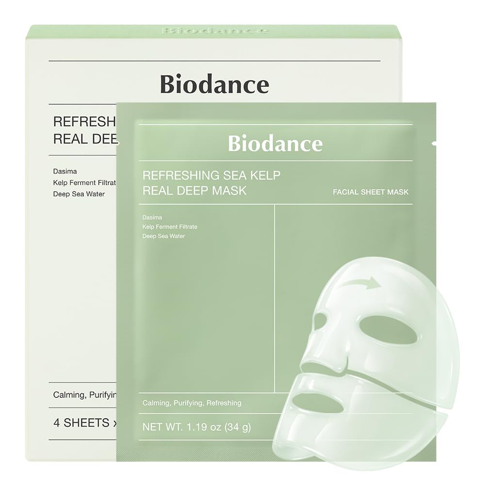 BIODANCE Refreshing Sea Kelp Real Deep Hydrogel Mask – 34g x 4 Sheets | Overnight Hydration | Oil & Sebum Control | Blemish Care & After-Sun Relief