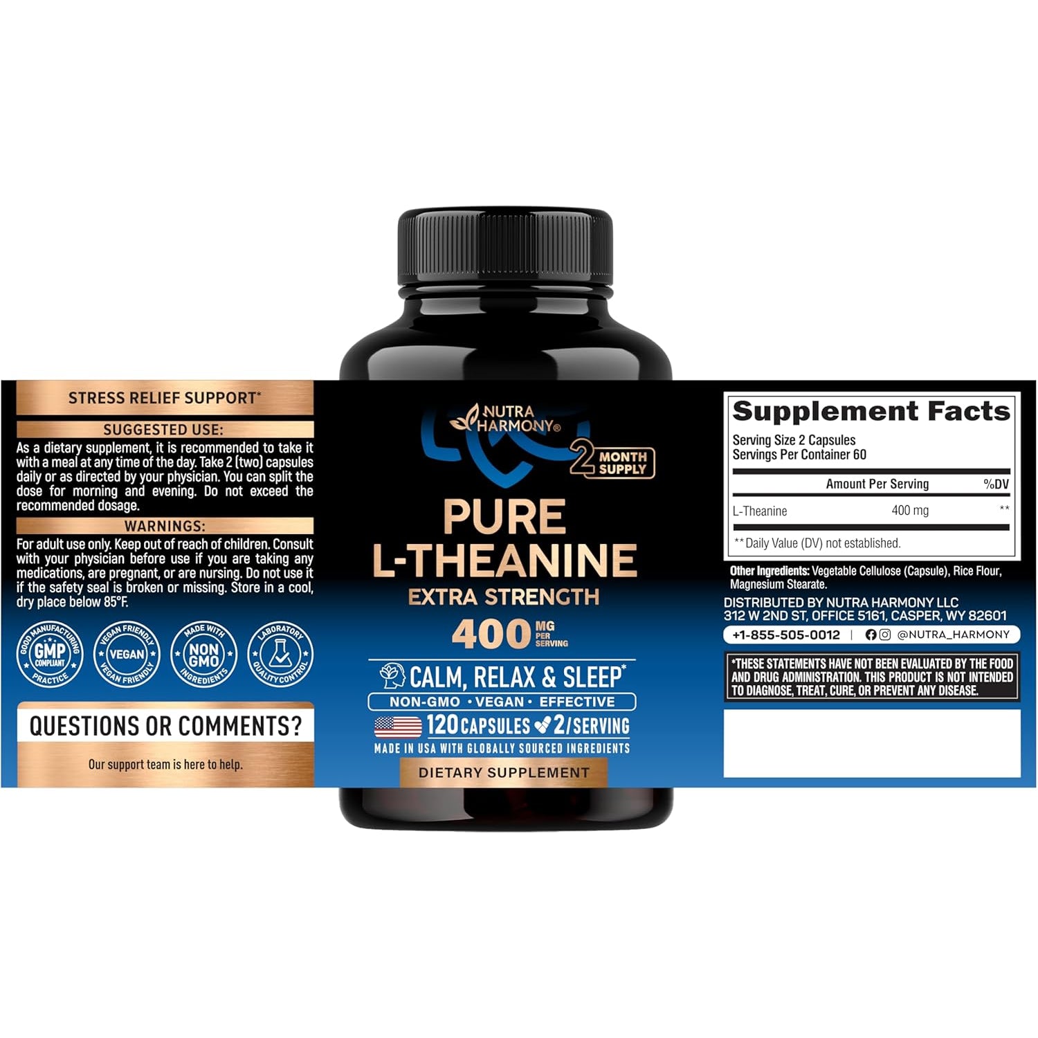 NutraHarmony L Theanine 400 Mg | L-Theanine Stress Relief | Extra Strength Supplement | Lab Tested | Relaxation, Sleep & Calm Support | for Men & Women | Plant Based, Non-Gmo & Gluten-Free | 120 Vegan Capsules
