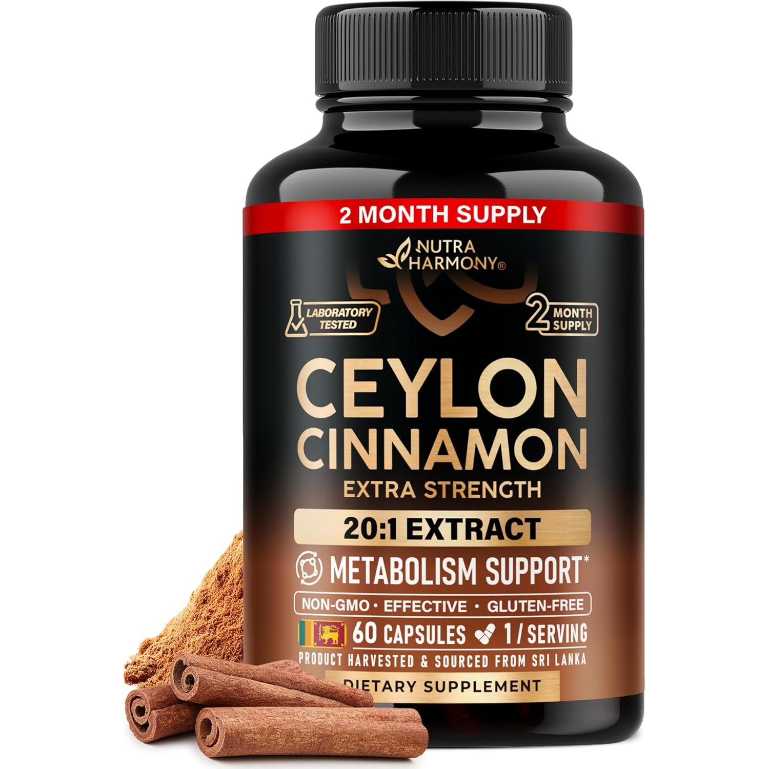 NUTRAHARMONY Ceylon Cinnamon Capsules - 60 Count | Metabolism & Blood Sugar Support | True Cinnamon Extract | Vegan