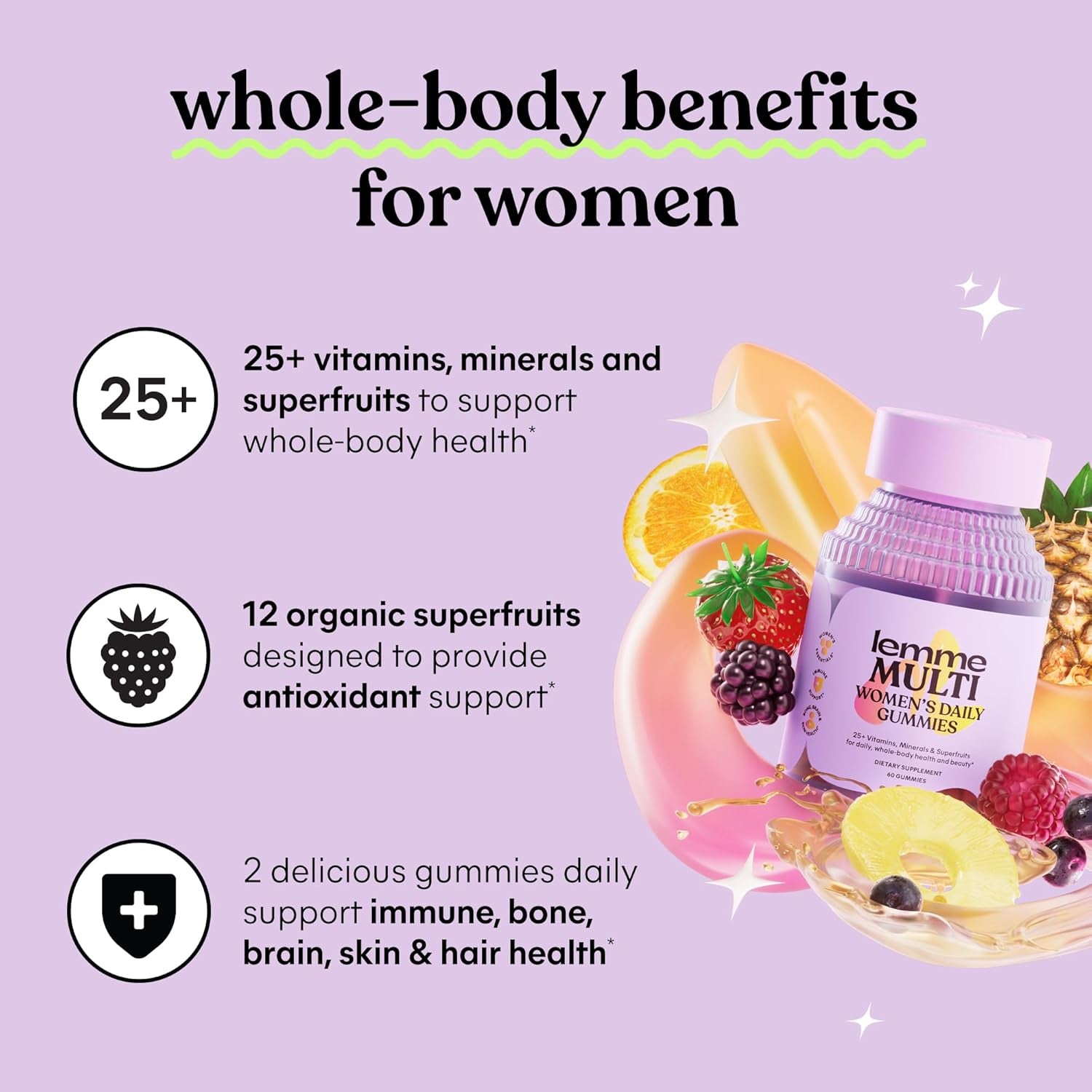 Women'S Multivitamin Gummies, Daily Nutritional Support with Vitamins A, C, D, E, Biotin, Folic Acid, Zinc & Inositol, Bone, Brain, Skin & Immune Health, Raspberry Orange, 30-Day Supply