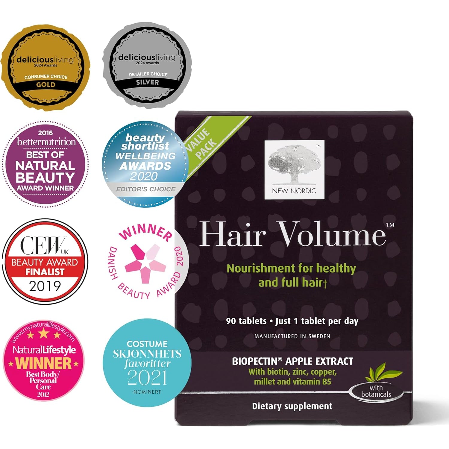 NEW NORDIC Hair Volume Tablets, 3000 Mcg Biotin & Biopectin Apple Extract, Hair Vitamins to Support Natural Hair Growth, 90 Count (Pack of 1)