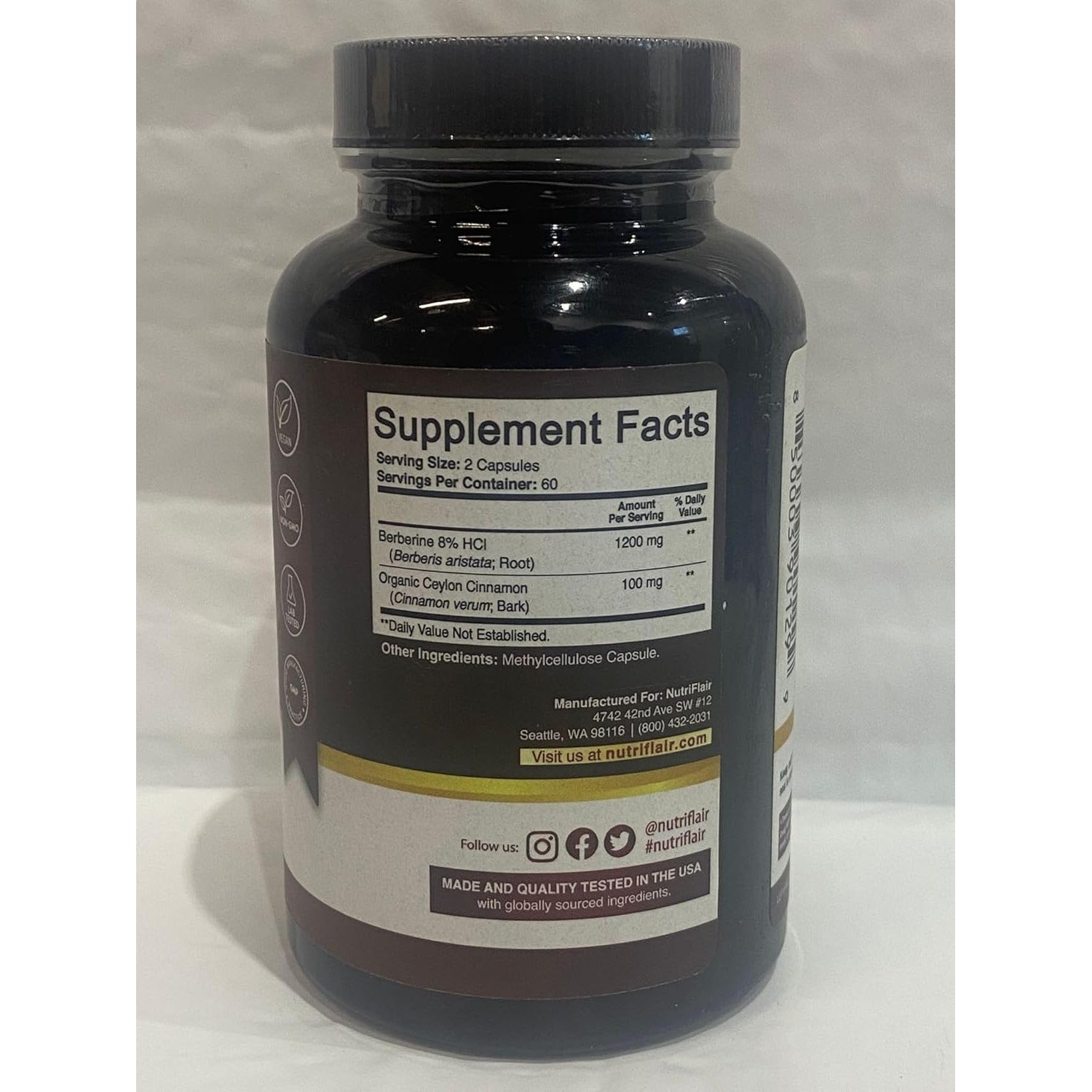 Nutriflair Berberine Hcl 1200Mg, 120 Capsules - plus Ceylon Cinnamon, Berberine HCI Root Supplements Pills - Made in USA