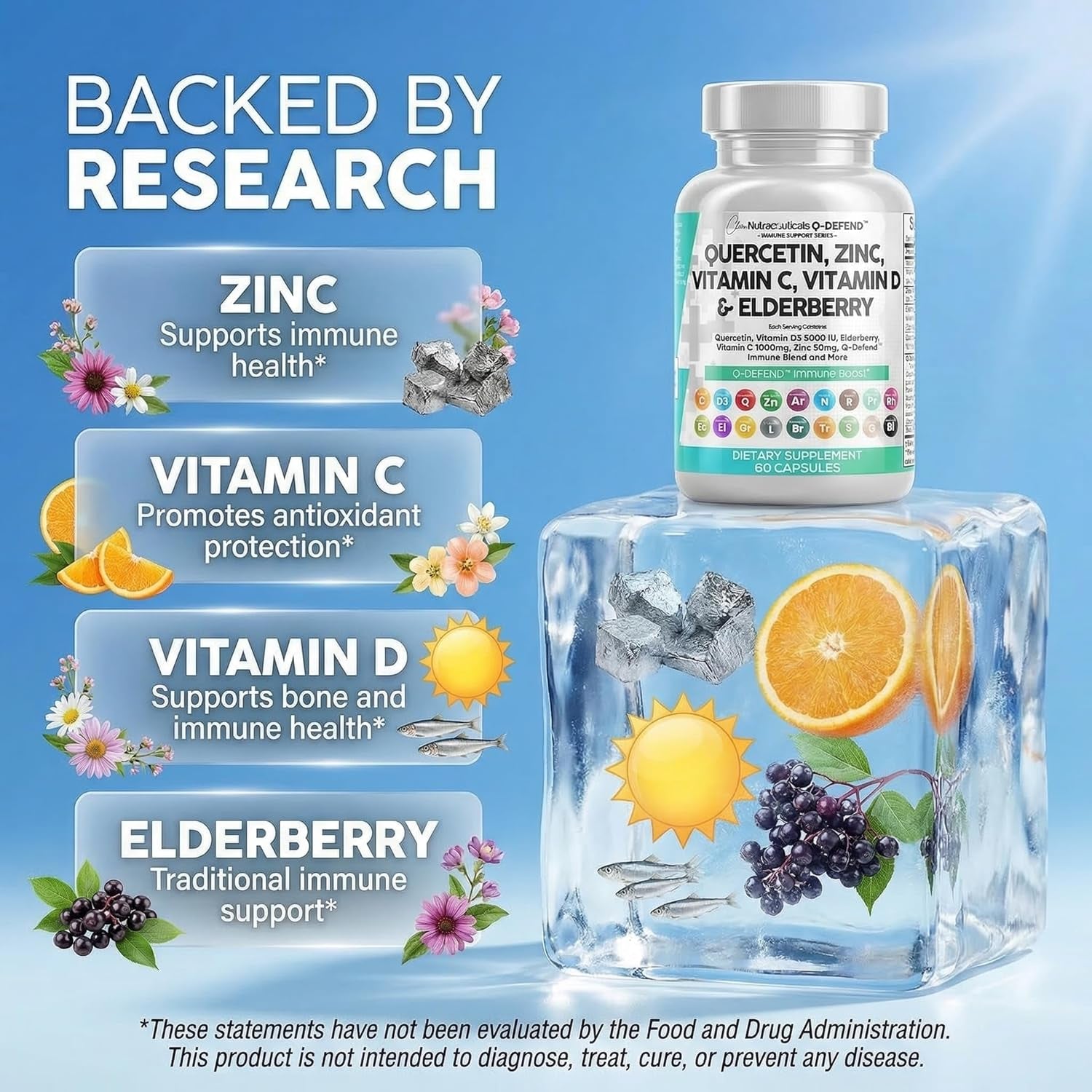 Clean Nutraceuticals Q Defend Quercetin Complex – 60 Capsules | Quercetin, Zinc, Vitamins C & D, Elderberry, Turmeric, Sea Moss & Reishi Mushroom | Immune Support