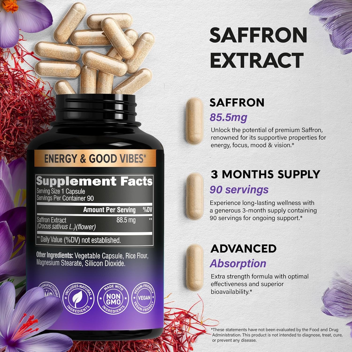 NUTRAHARMONY Pure Saffron Extract 88.5mg — 90 Capsules | 3 Month Supply | Mood, Focus, Vision & Energy Support | Eye Health for Women & Men | Vegan & Non-GMO