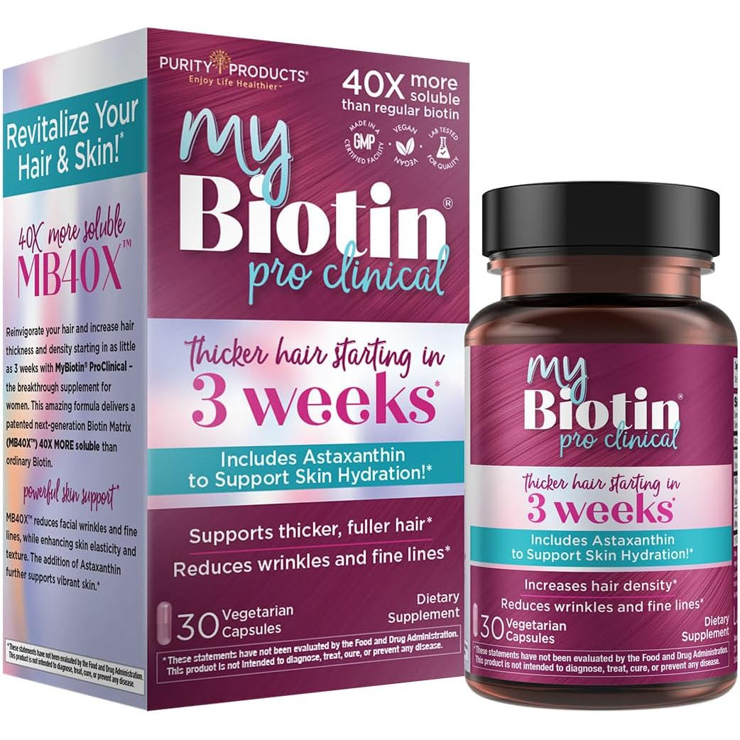 Purity Products MyBiotin ProClinical – MB40X Patented Biotin for Thicker Hair & Skin Health | Astaxanthin | 30 Capsules