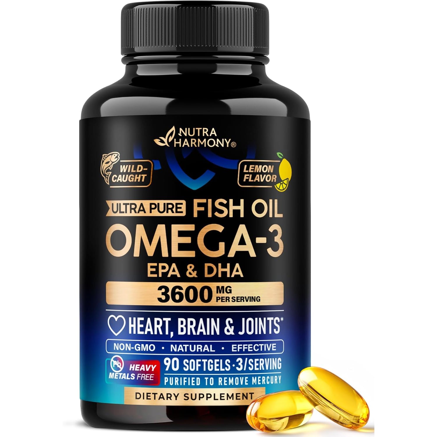 NutraHarmony Omega-3 Fish Oil 3,600mg – 90 Softgels | EPA & DHA | Heart, Brain & Joint Support | Heavy Metals Free | Lemon Flavour