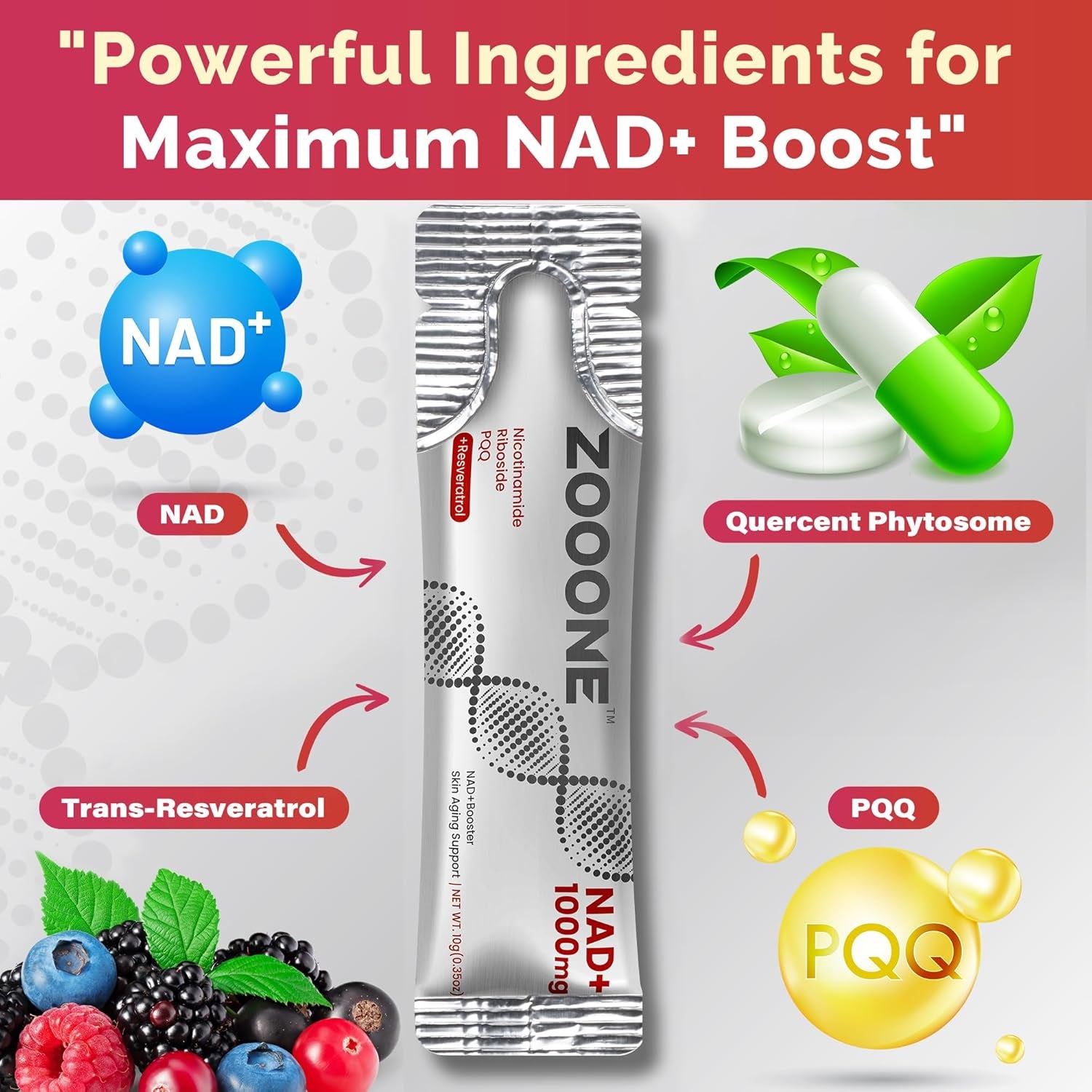 Zooone NAD+ Nicotinamide Riboside & Resveratrol Supplement – 30 Sachets | DNA Repair, Cellular Energy & Healthy Ageing Support | For Men & Women