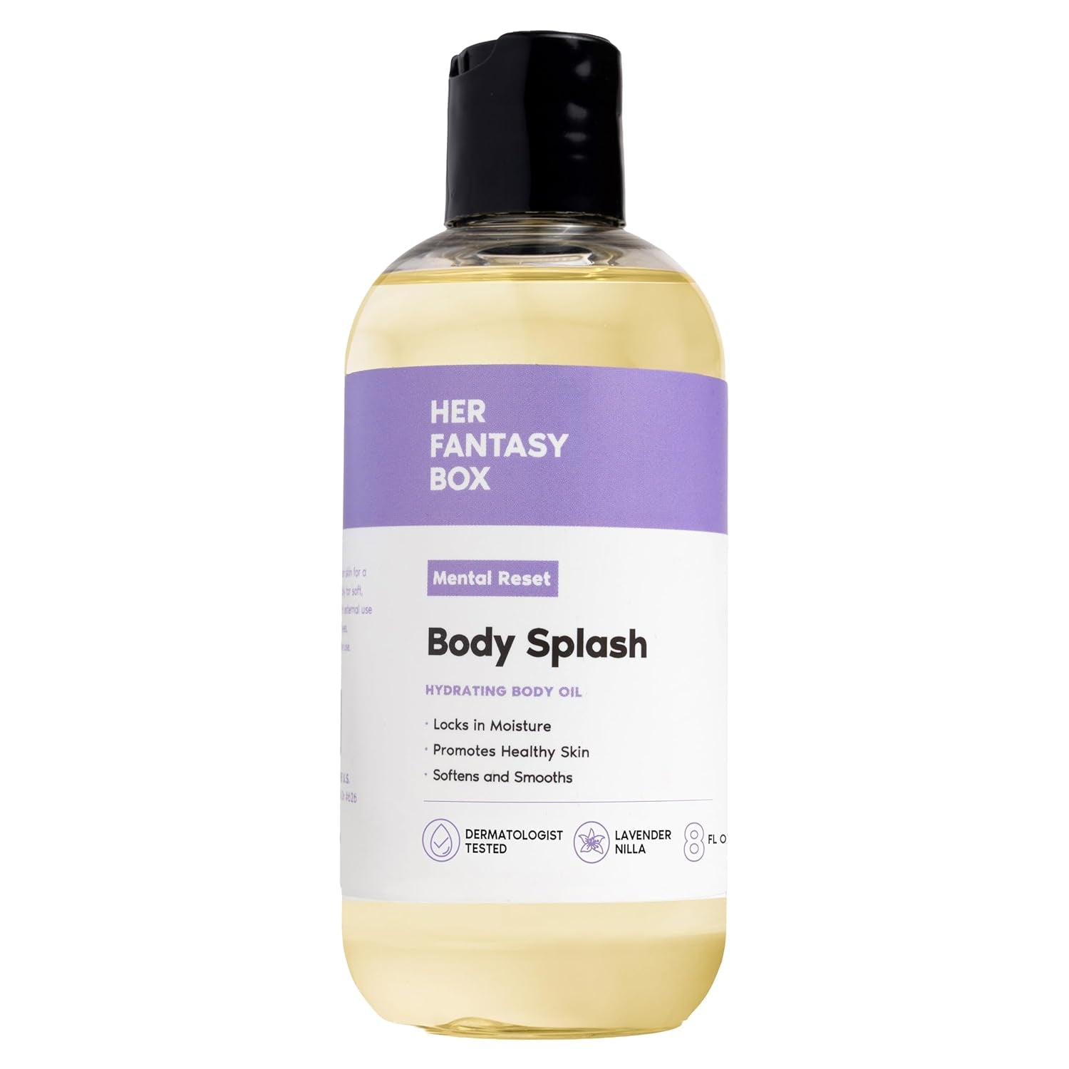 Her Fantasy Box | Body Splash Mental Reset Fragrance Oil – Lavender, Chamomile & Warm Vanilla Scent with Soft Amber & Musk, Lightweight Hydrating Body Oil, Vegan & Cruelty Free