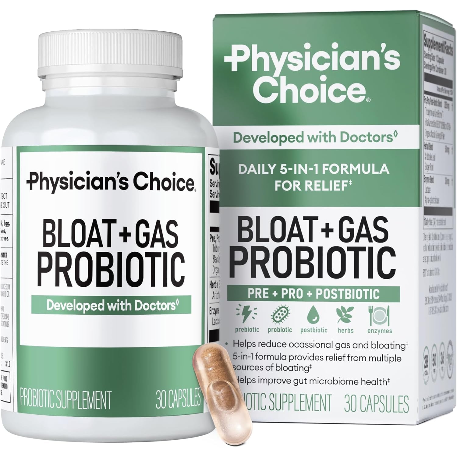 Physician's Choice Bloat & Gas Probiotic – 5-in-1 Digestive Enzymes, Pre & Postbiotics for Gut Health & Bloat Relief | 30 Capsules