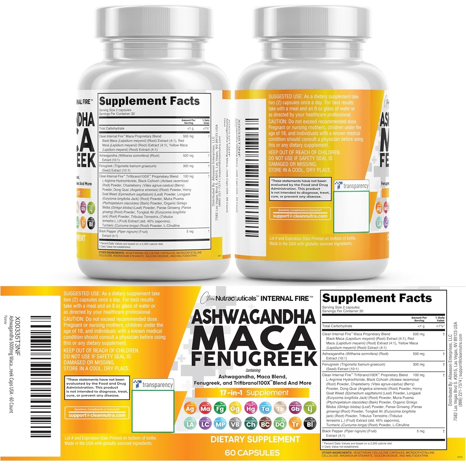 Clean Nutraceuticals Ashwagandha Maca Root Fenugreek Supplement with Tongkat Ali Ginseng - Assists with Stress, Mood & Thyroid - Ashwagandha Capsules Fenugreek Caps