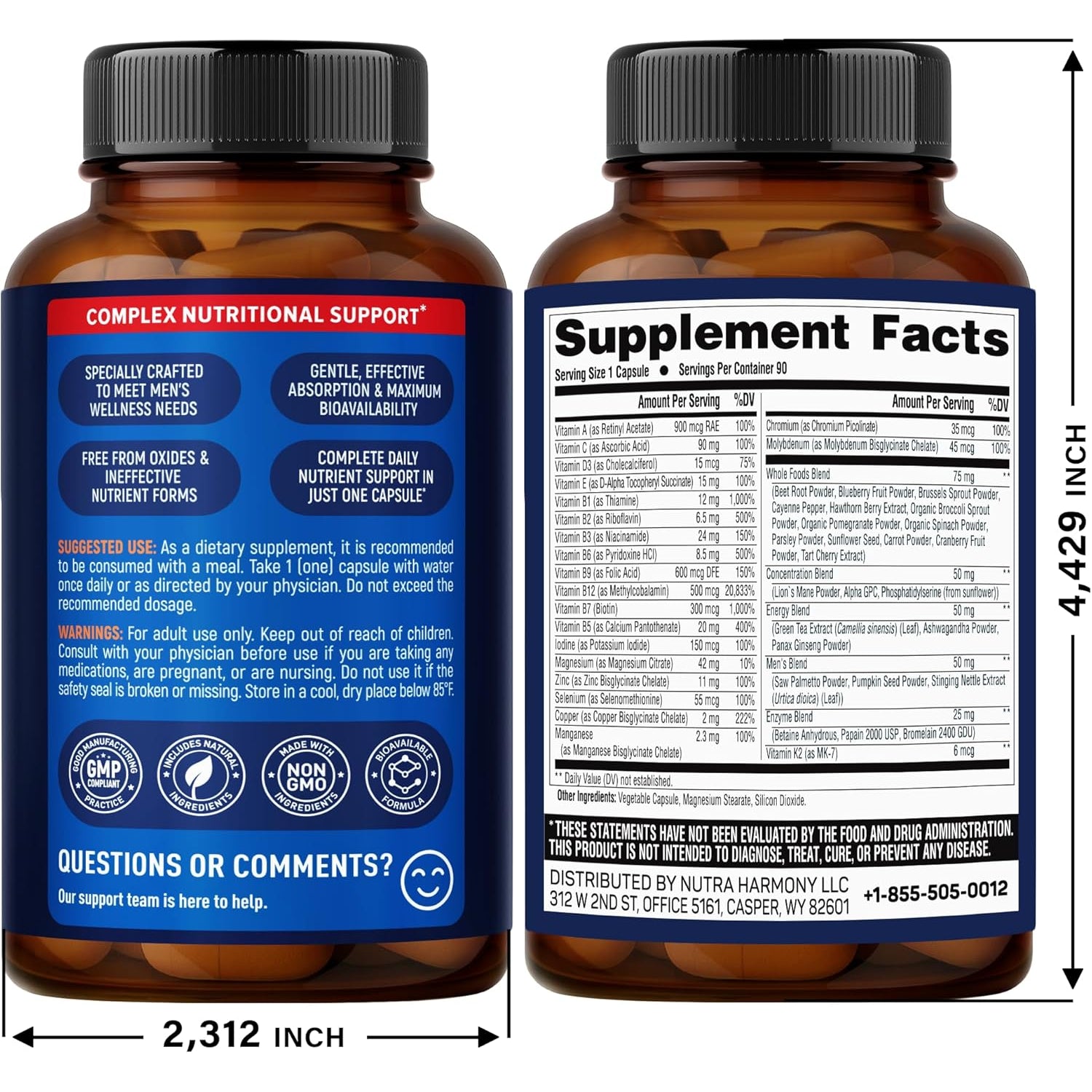 NUTRAHARMONY Men's Daily Multivitamin — 90 Capsules | B-Complex, Energy & Immune Support | Bioavailable Formula | Vegan