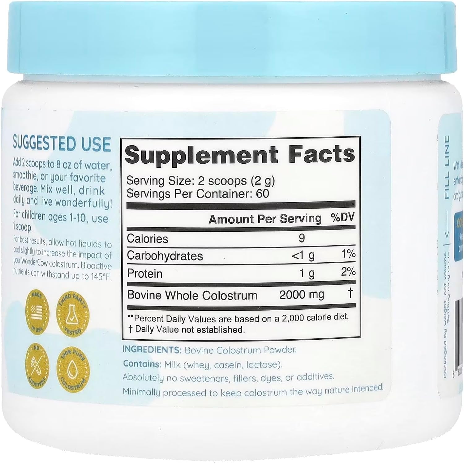 WonderCow Whole Bovine Colostrum Powder – Gut Health, Immune Support & Wellness | Natural IgG | Pure & Unstripped | Superfood | Unflavored | 60 Servings