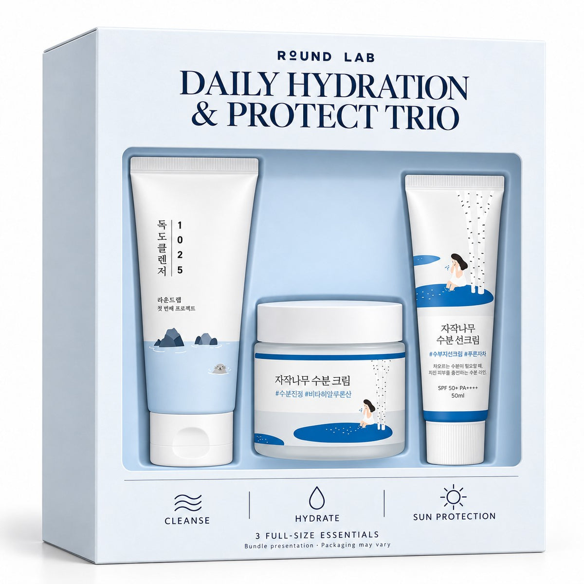 ROUND LAB Daily Hydration & Protect Trio – Dokdo Cleanser, Birch Juice Cream & Sun Cream
