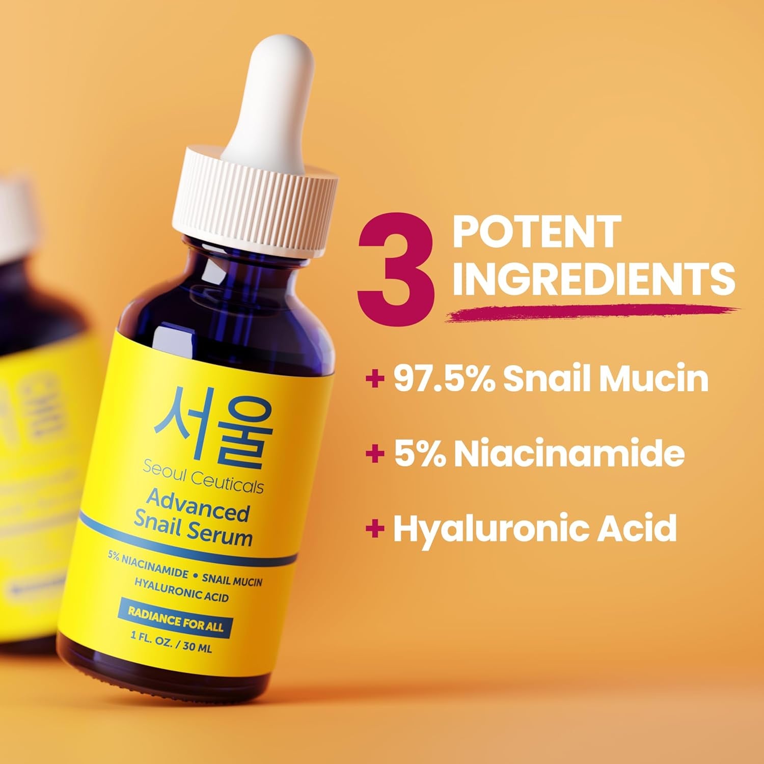 SeoulCeuticals 5% Niacinamide & Snail Mucin 97.5% Serum – Hyaluronic Acid for Brightening & Anti-Ageing | 30ml | K-Beauty