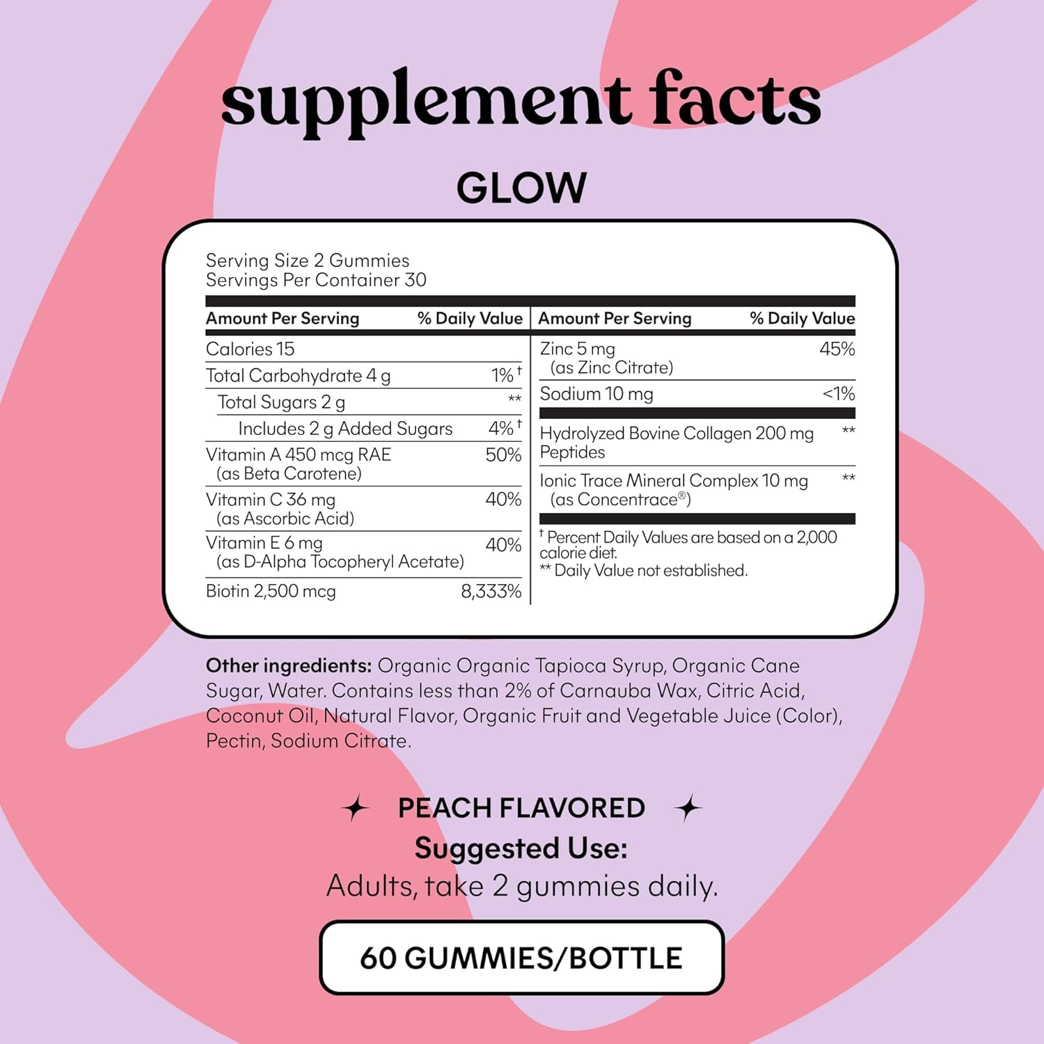 Glow Collagen Gummies for Thick Hair, Strong Nails & Healthy Skin with Multi-Collagen Peptides, Biotin, Trace Minerals, Zinc, Vitamins A, C & E, Dairy & Gluten Free, Peach Flavor, 60 Ct.