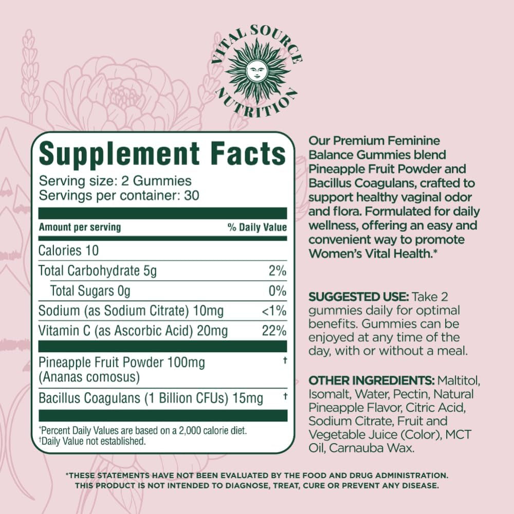 Vital Source Nutrition Women's Vaginal Probiotic Gummies – 60 Count | Hawaiian Pineapple | pH Balance, Vaginal Flora & Immune Defence Support | Vegan & Gluten-Free