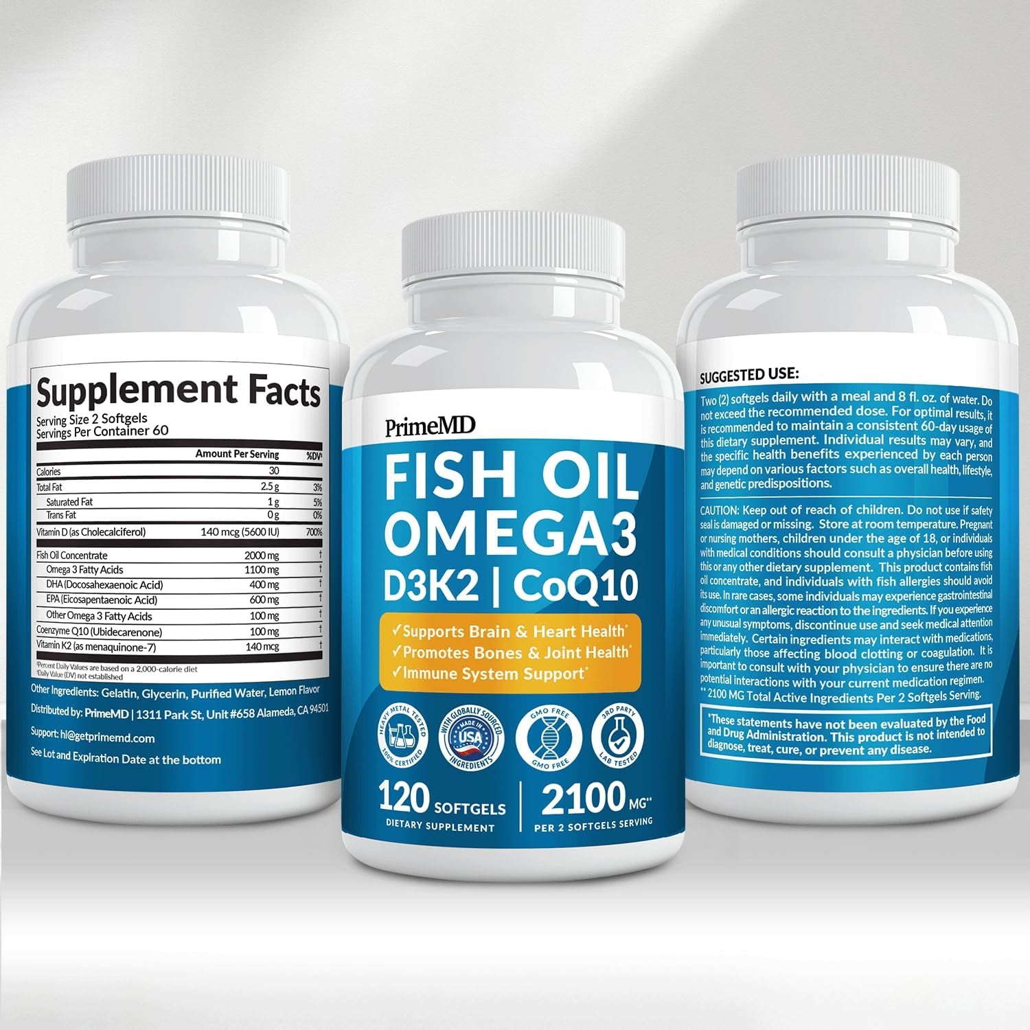 4-In-1 Fish Oil Omega 3 Fatty Supplements (2100Mg) - Omega 3 Fish Oil with Vitamins D3 K2 and Coq10 - Lemon Flavored (120 Softgels)