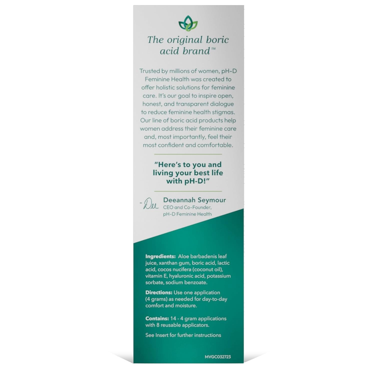 pH-D Feminine Health Boric Acid Vaginal Gel – Hyaluronic Acid & Vitamin E for Vaginal Dryness & pH Balance | Vegan | 14 Applications