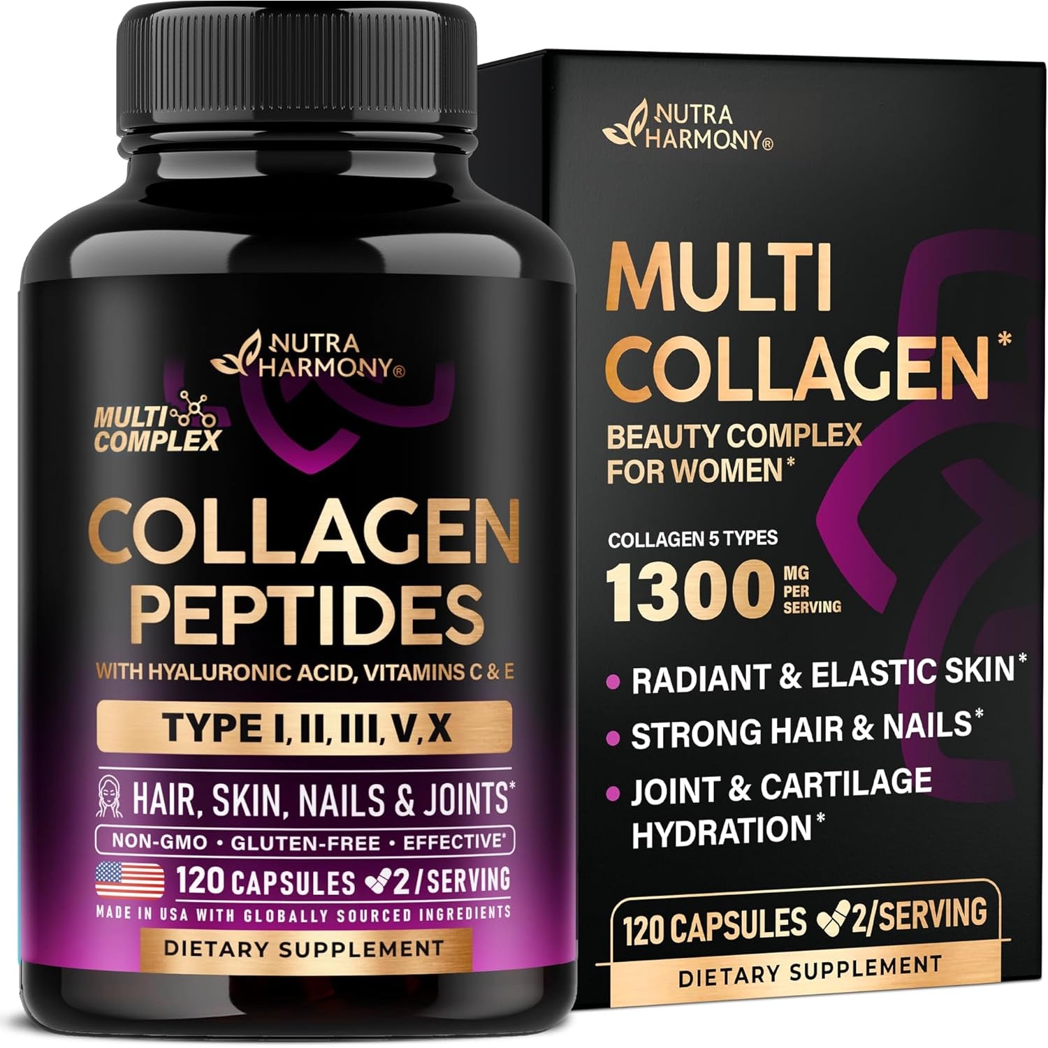 NUTRAHARMONY Multi-Collagen Peptides — 120 Capsules | Hydrolysed Types I, II, III, V & X | Skin, Hair, Joints & Gut Support