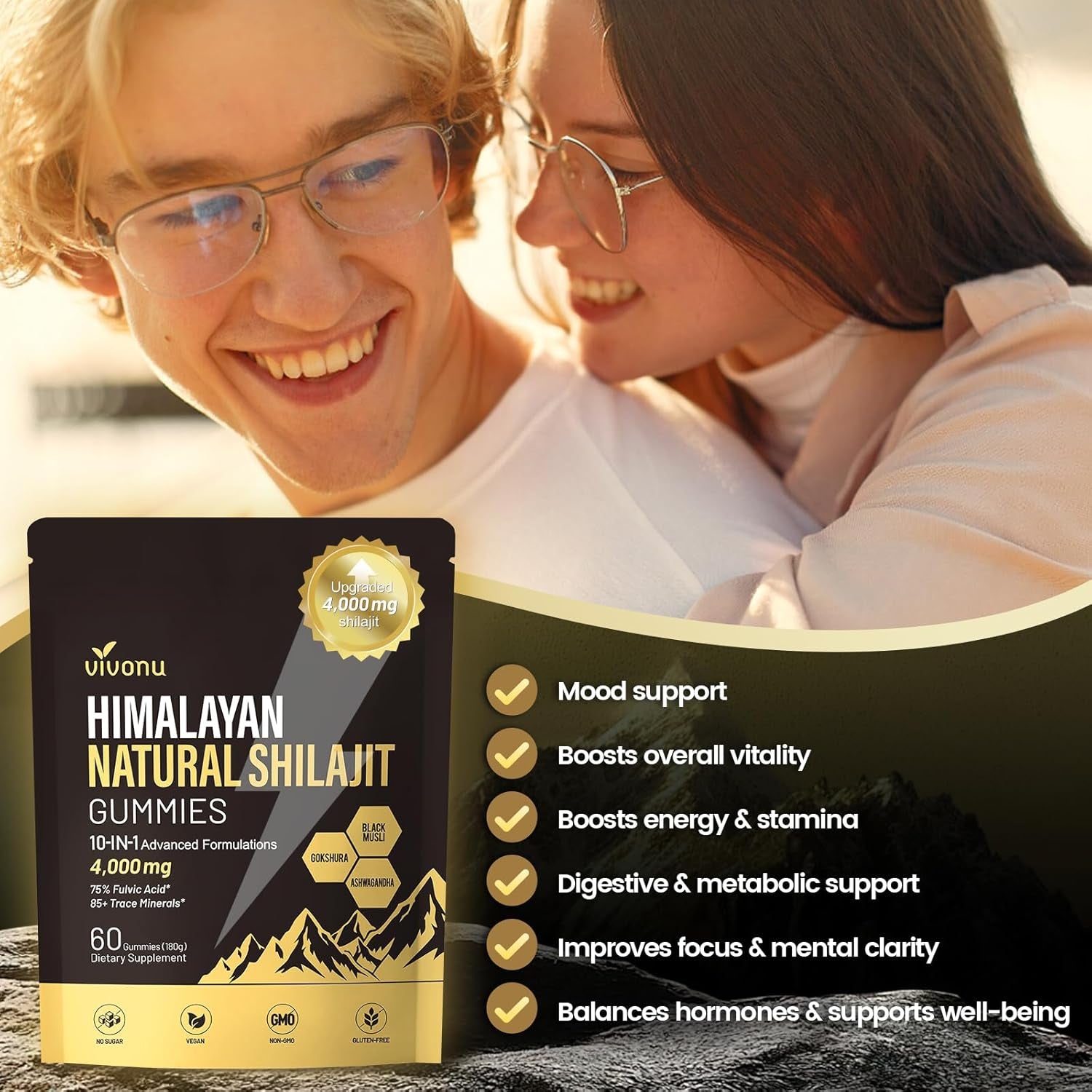 VivoNu Pure Himalayan Shilajit Gummies – 4,000mg | Ashwagandha, Gokshura, Fulvic Acid & 85+ Trace Minerals | Energy & Vitality Support for Men & Women