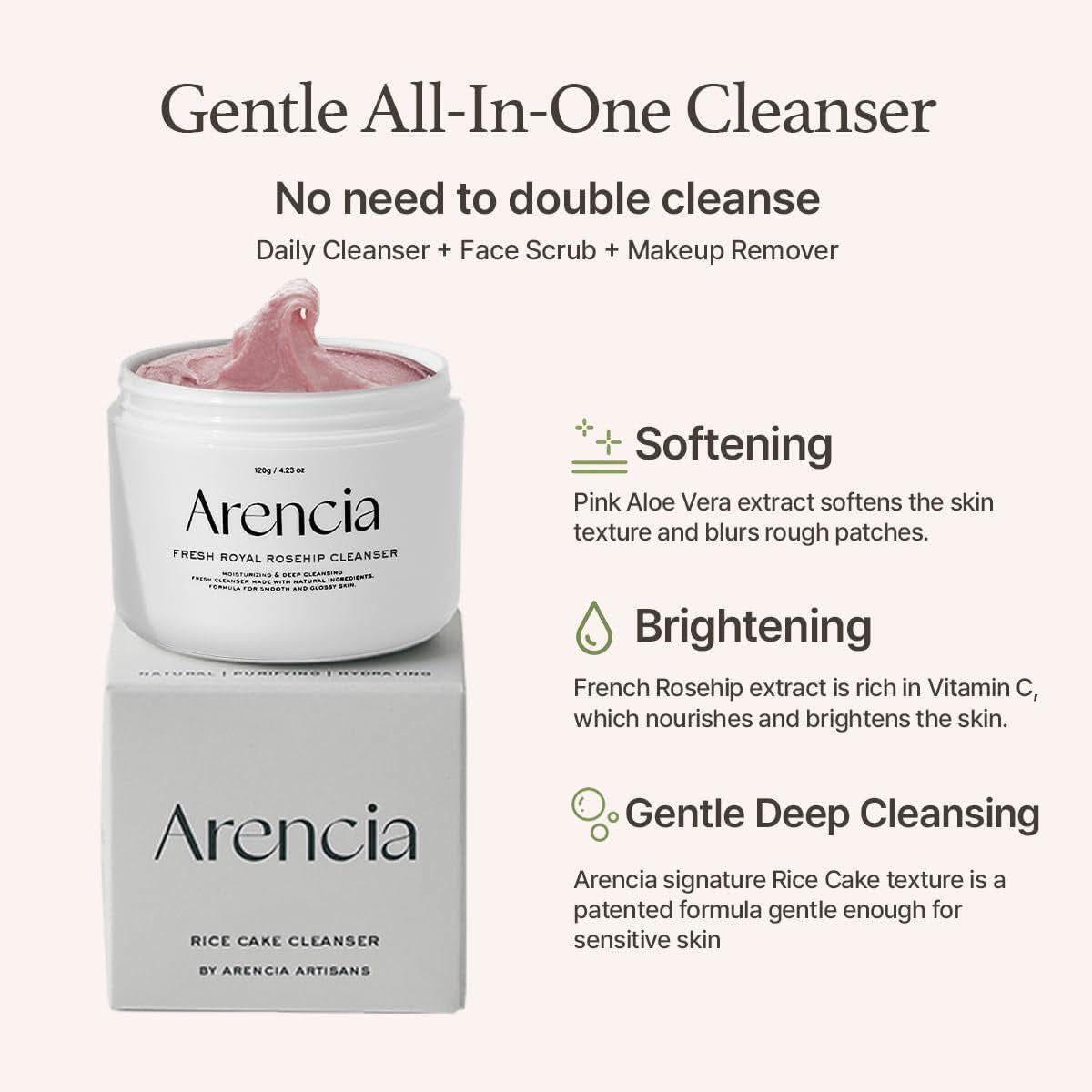 Limpiador facial con mochi de arroz, escaramujo y rosa real Arencia Fresh - 120 g | Vegano y Limpieza Profunda Suave