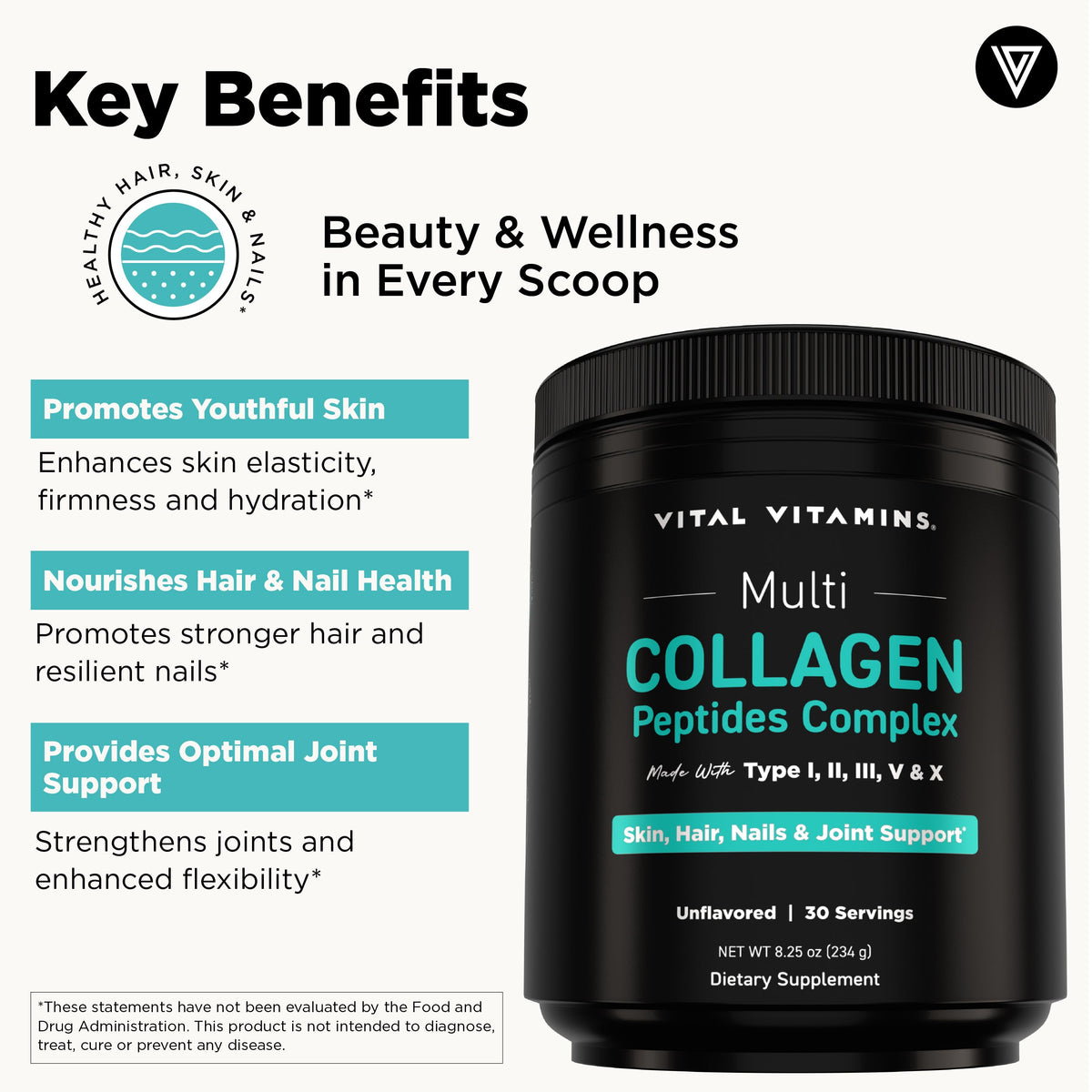 Vital Vitamins Multi Collagen Peptides Powder – 235g, 30 Servings