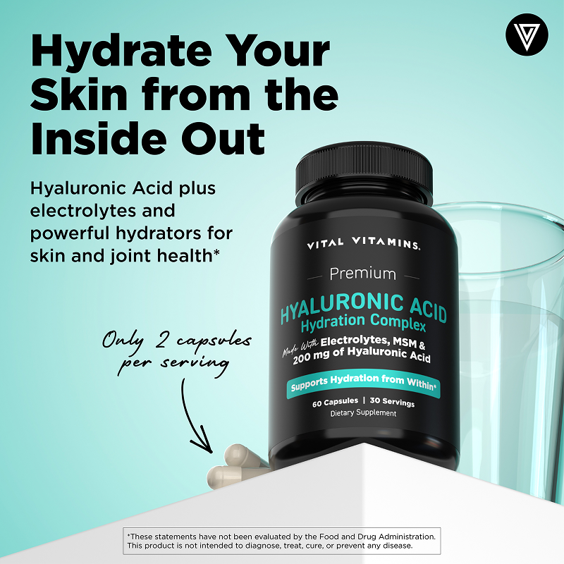 Vital Vitamins Hyaluronic Acid Complex with MSM & Electrolytes – 60 Capsules
