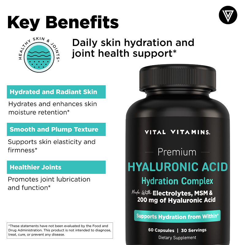 Vital Vitamins Hyaluronic Acid Complex with MSM & Electrolytes – 60 Capsules