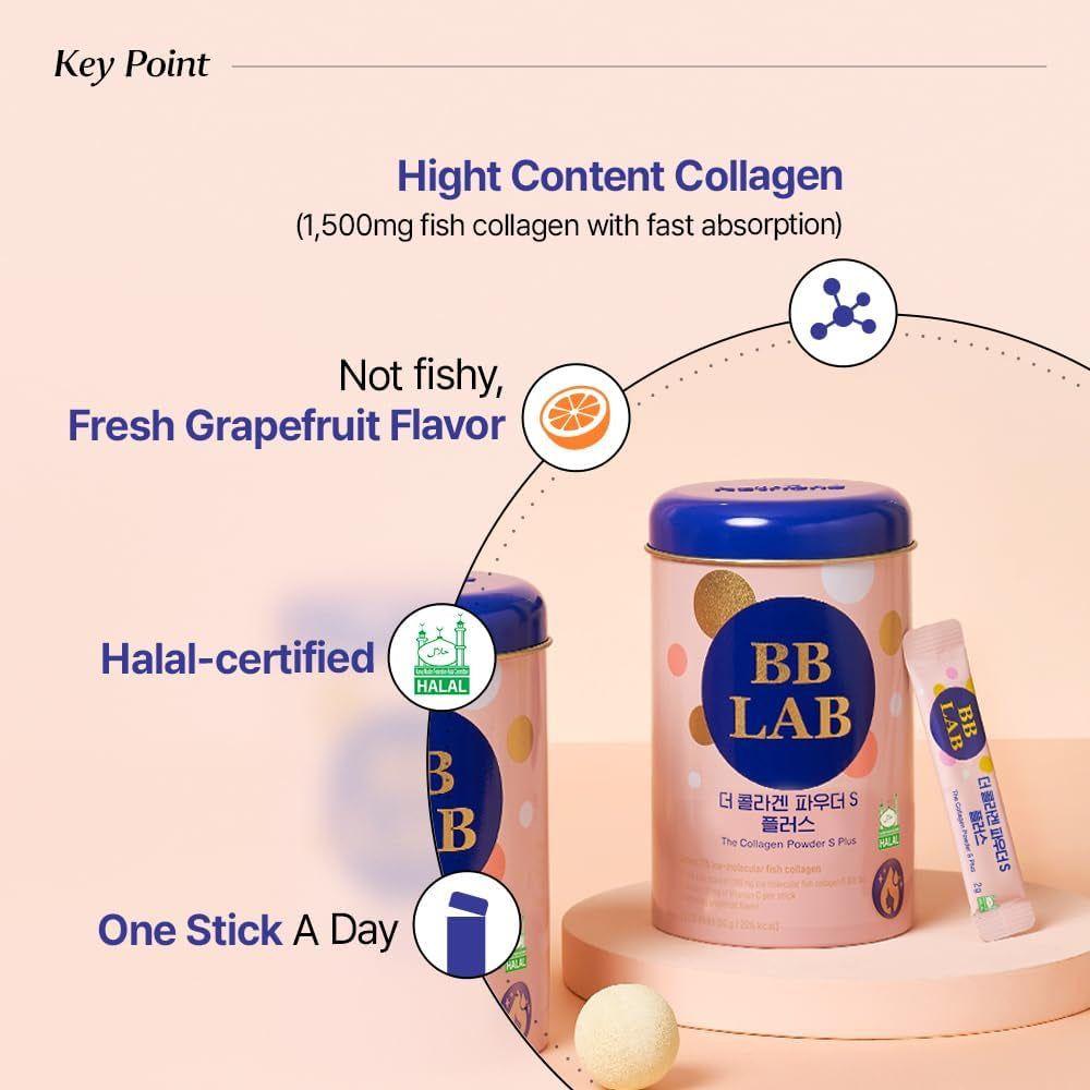 BB LAB The Collagen Powder S Plus – Grapefruit Flavor (30 Sticks) | Halal-Certified, Low-Molecular Marine Collagen for Radiant Skin