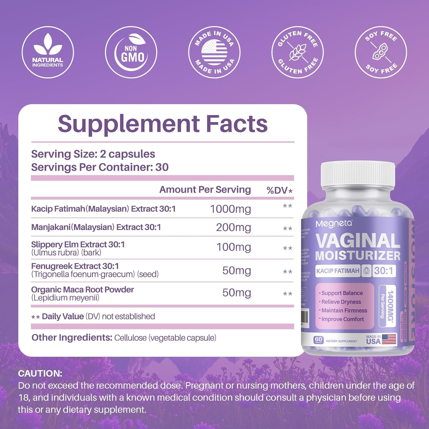 Vaginal Moisturizer, Kacip Fatimah 1,000Mg & Manjakni 200Mg for Female Intimate Health, Slippery Elm for Women, Vegan, 60 Capsules