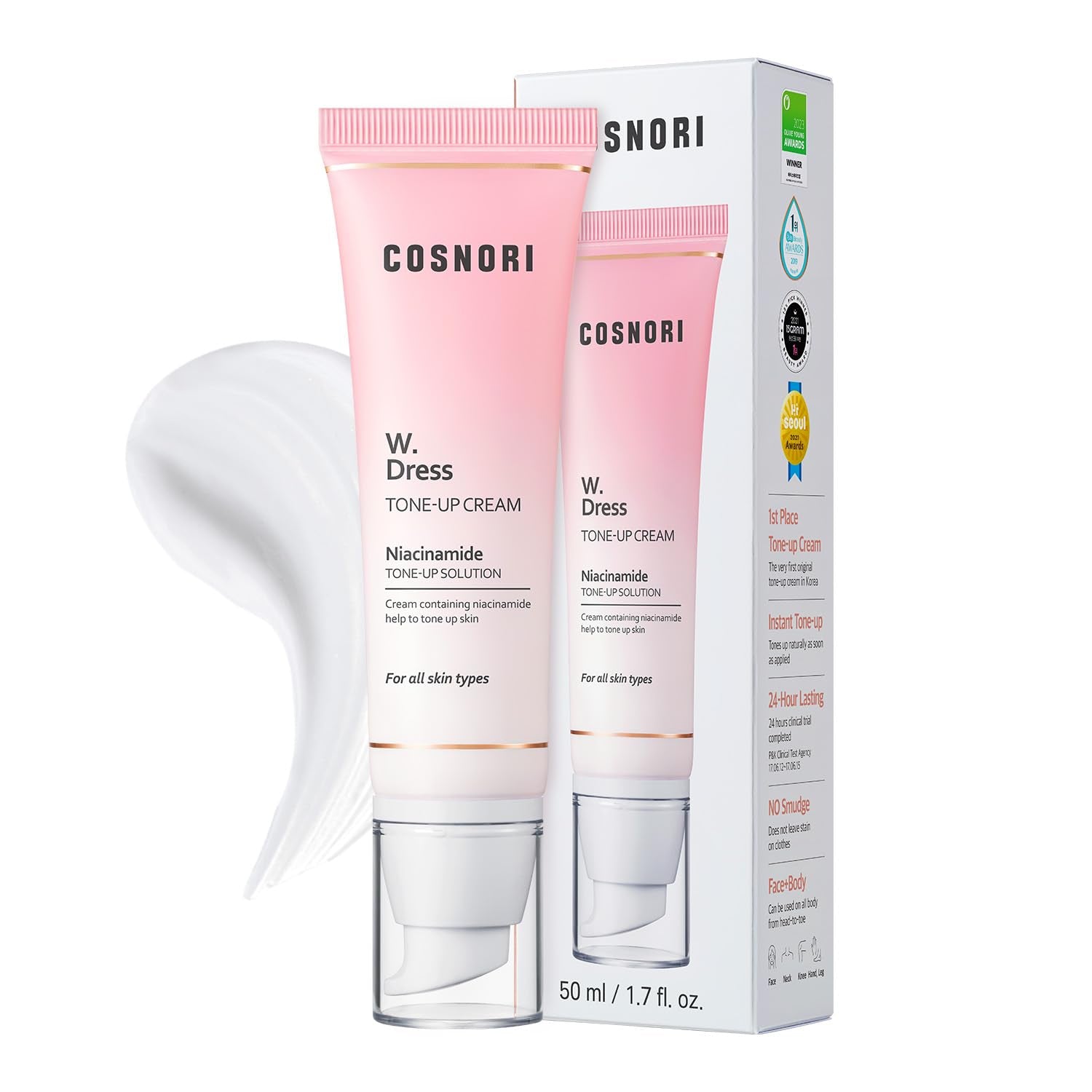 COSNORI W. Dress Tone-Up Cream -Quick Skin Tone Balancer – Evens Out Complexion - No Makeup Natural Look - Long-Lasting Hydrating & Sebum Control Face and Body – Vegan, No Animal Tested – 1.7 Fl. Oz.