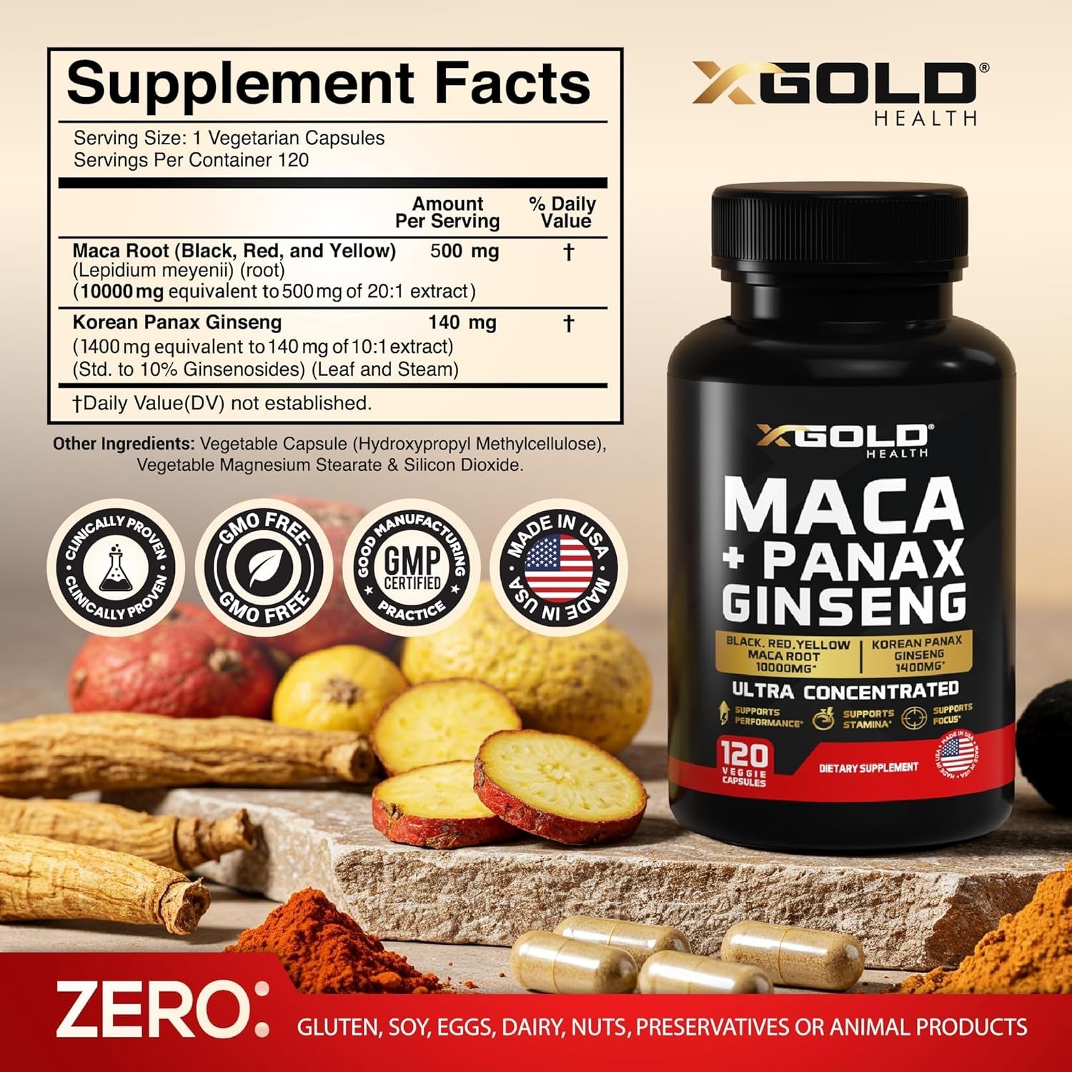 X Gold Health Maca + Panax Ginseng – 120 Capsules | Energy, Focus & Stamina Boost