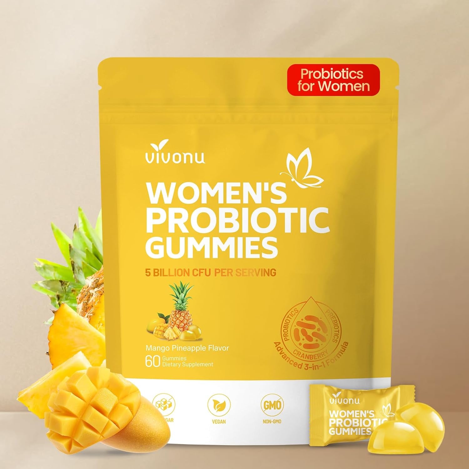 VivoNu Women's Feminine Balance Probiotic Gummies – 60 Count | Mango Pineapple | Vaginal pH Balance & Flora Support | Prebiotic & Probiotic Blend