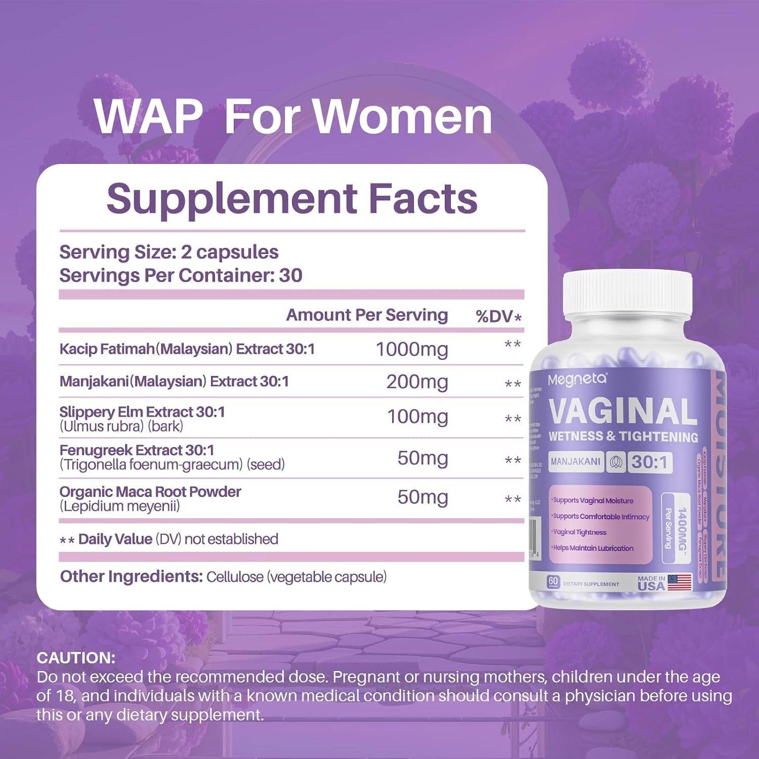 Vaginal Tightening Capsules for Women – Kacip Fatimah, Manjakani & Slippery Elm – Supports Feminine Firmness, Elasticity & Intimate Moisture – 60 Vegan Capsules