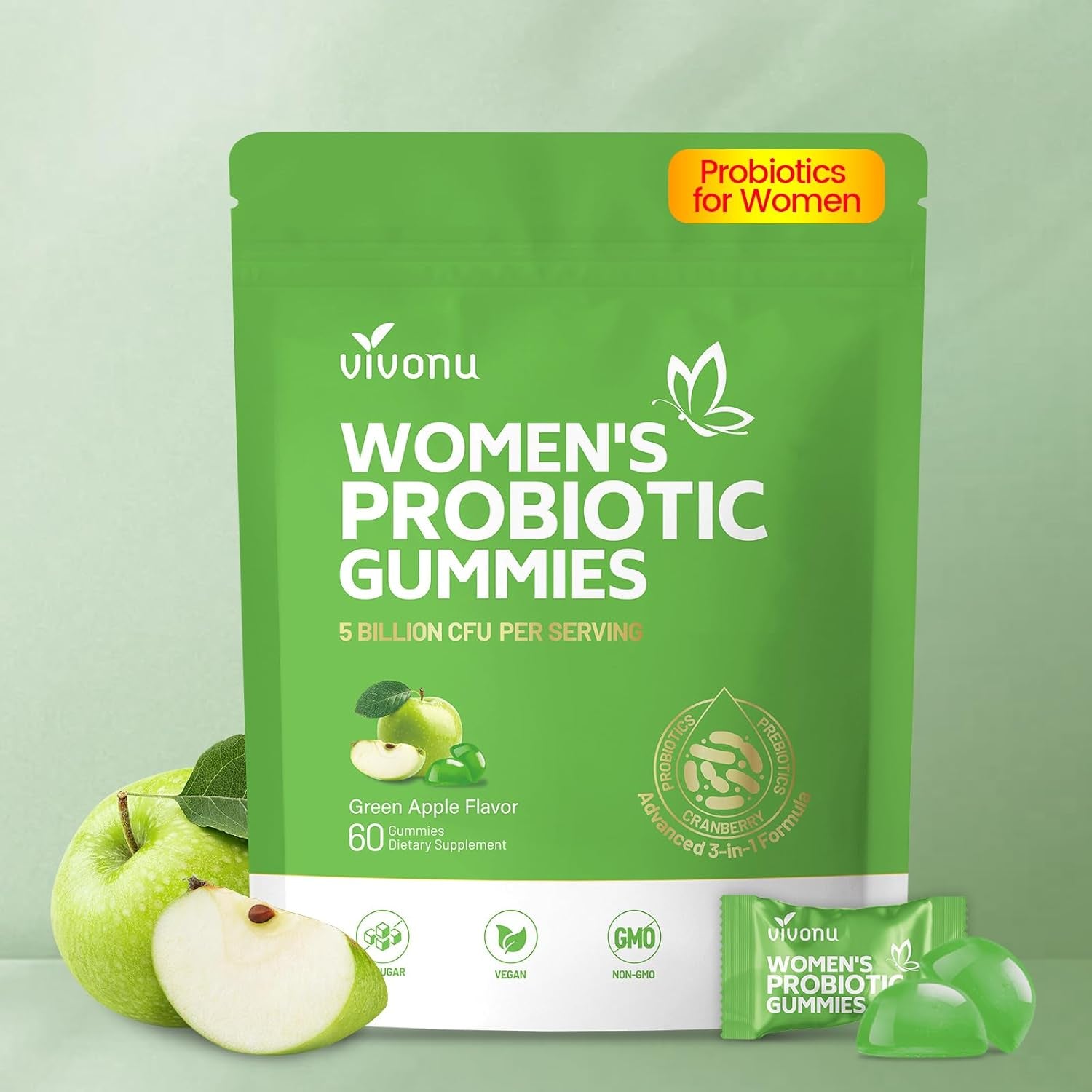 VivoNu Women's Feminine Balance Probiotic Gummies – 60 Count | Green Apple | Cranberry, Prebiotics & Lactobacillus | pH Balance & Vaginal Health Support