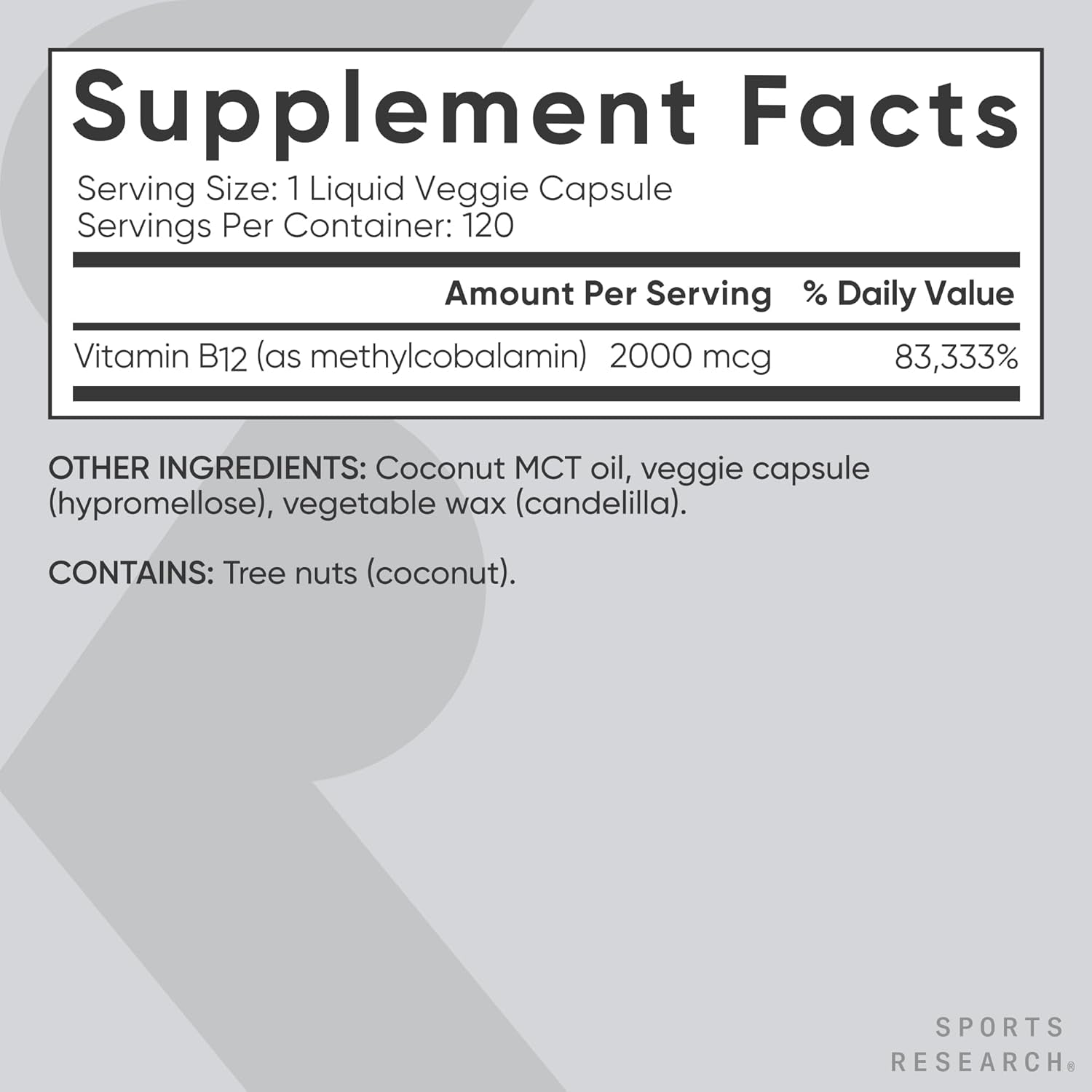 Sports Research® Vitamin B12 as Methylcobalamin 2000Mcg - Plant Based B12 W/Coconut MCT Oil for Energy Metabolism Support - Vegan Certified · Non-Gmo · Gluten Free - 120 Liquid Caps